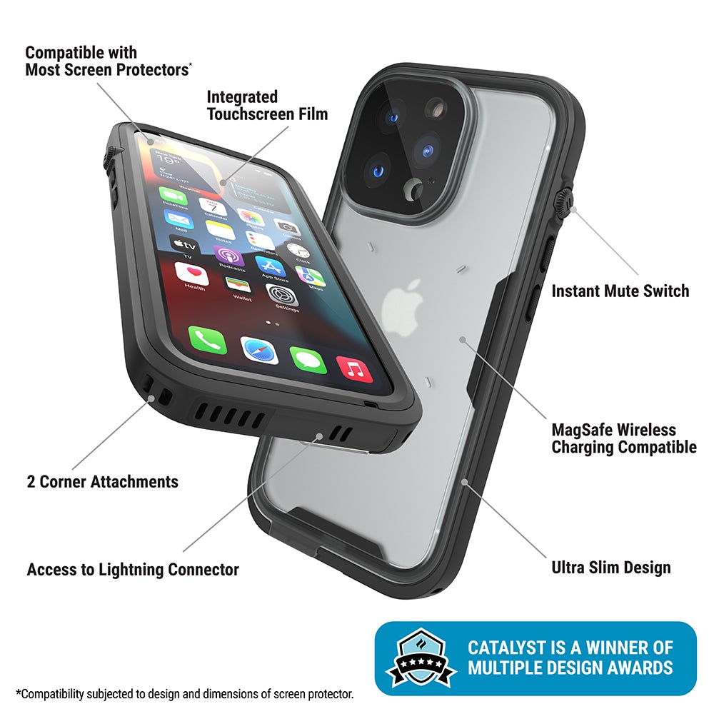 Catalyst Waterproof Total Protection case for iPhone 13 series showing the front and the back of the case installed on the iphone text reads compatible with most screen protectors integrated touchscreen film 2 corner attachments access to lightning connector instant mute switch magsafe wireless charging compatible ultra slim design catalyst is a winner of multiple design awards compatibility subjected to design and dimensions of the screen protector