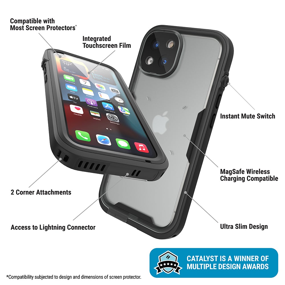 Catalyst Waterproof Total Protection case for iPhone 13 series showing the front and the back of the case installed on the iphone text reads compatible with most screen protectors integrated touchscreen film 2 corner attachments access to lightning connector instant mute switch magsafe wireless charging compatible ultra slim design catalyst is a winner of multiple design awards compatibility subjected to design and dimensions of the screen protector