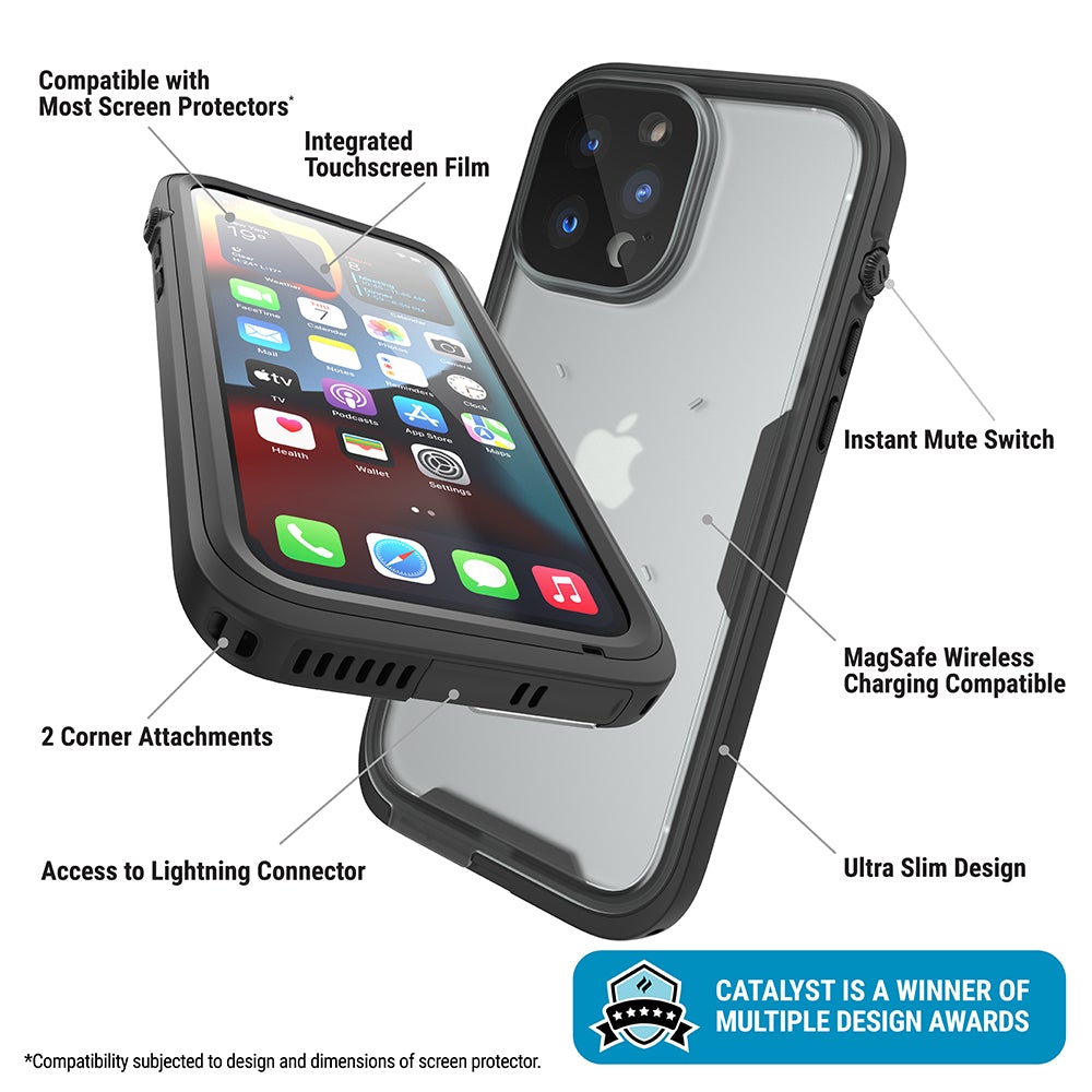 Catalyst Waterproof Total Protection case for iPhone 13 series showing the front and the back of the case installed on the iphone text reads compatible with most screen protectors integrated touchscreen film 2 corner attachments access to lightning connector instant mute switch magsafe wireless charging compatible ultra slim design catalyst is a winner of multiple design awards compatibility subjected to design and dimensions of the screen protector