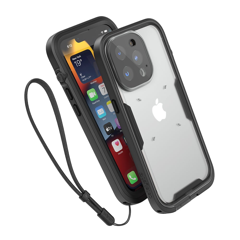 Catalyst Waterproof Total Protection case for iPhone 13 series showing the front and the back of the total protection case with lanyard