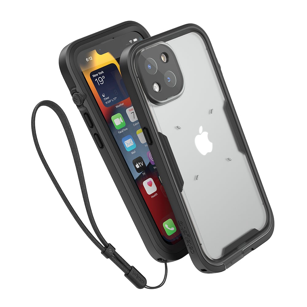 Catalyst Waterproof Total Protection case for iPhone 13 series showing the front and the back of the total protection case with lanyard