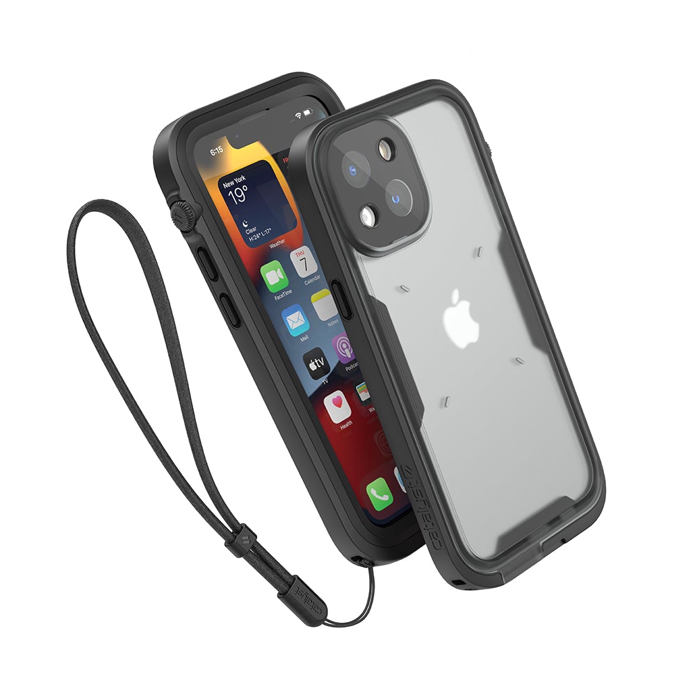 Catalyst Waterproof Total Protection case for iPhone 13 series showing the front and the back of the total protection case with lanyard