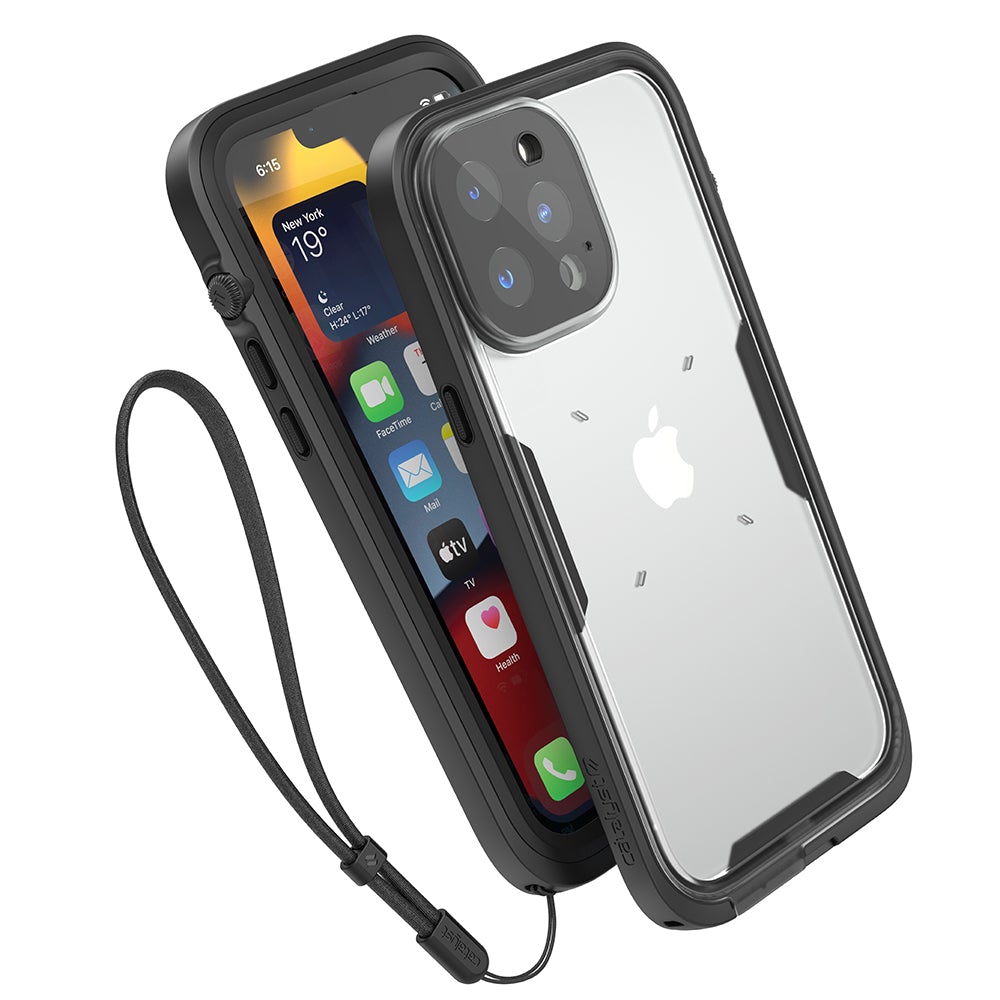 Catalyst Waterproof Total Protection case for iPhone 13 series showing the front and the back of the total protection case with lanyard