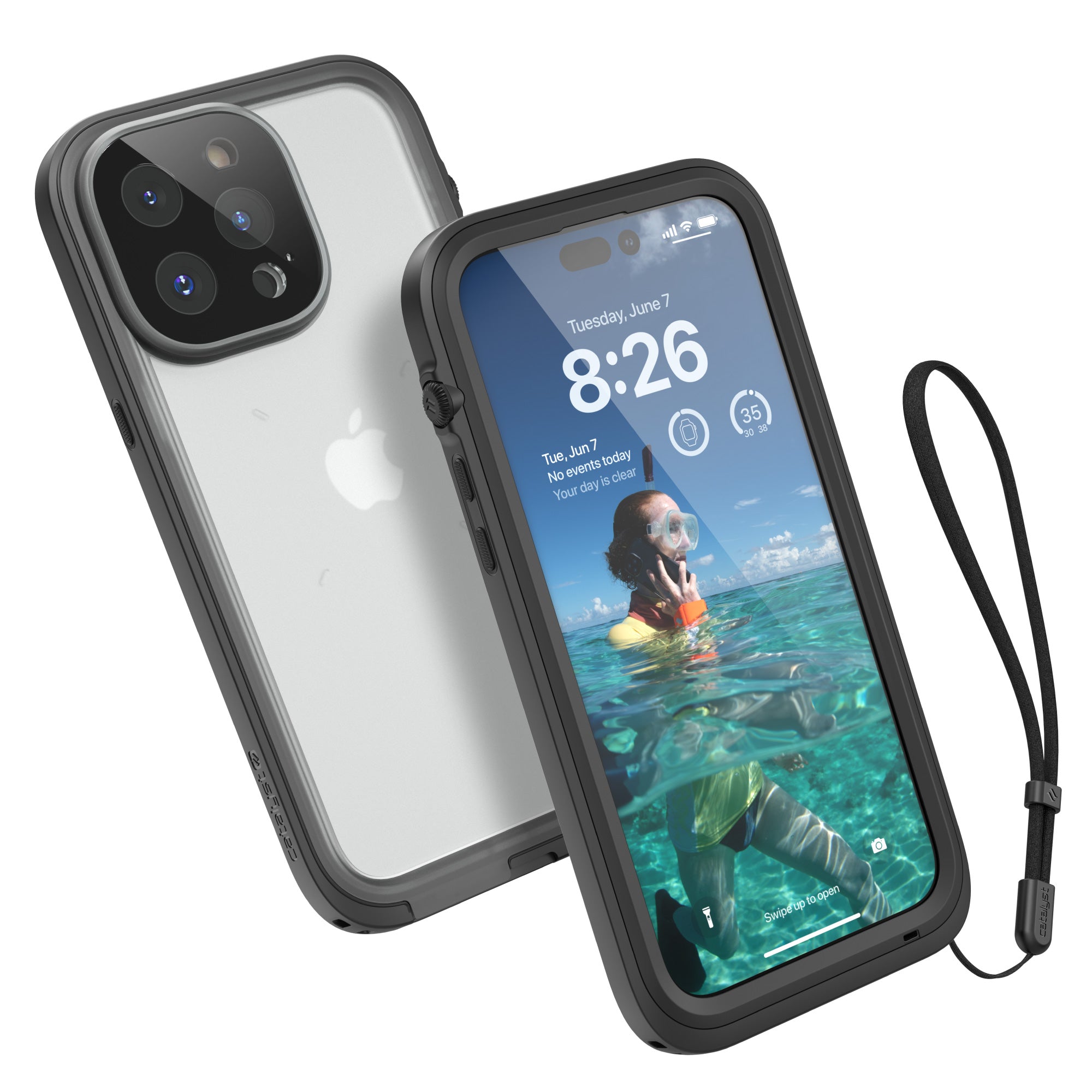 Catalyst Waterproof Case Total Protection iphone 14 series showing the fron and the back of the case with lanyard installed
