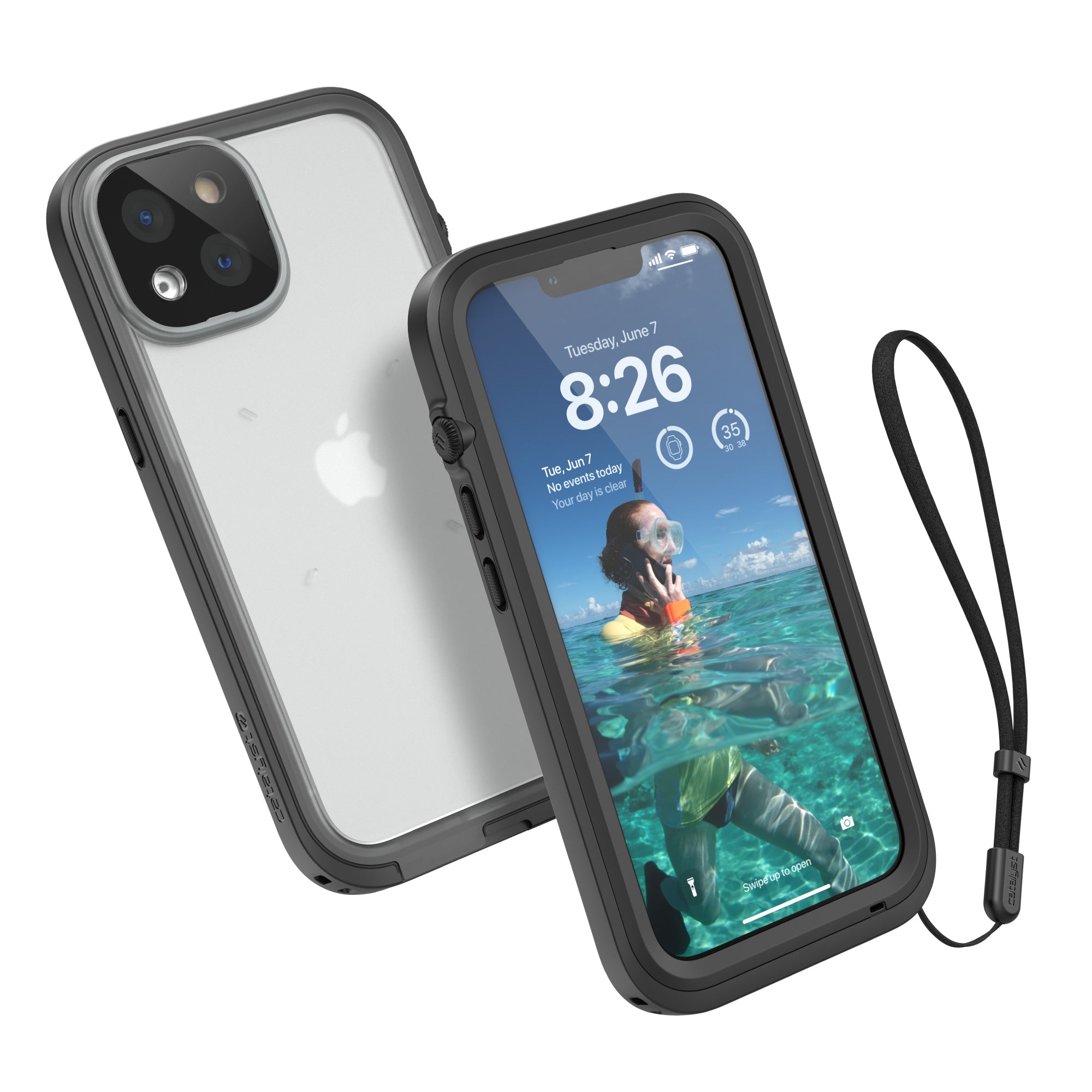 Catalyst Waterproof Case Total Protection iphone 14 series showing the fron and the back of the case with lanyard installed