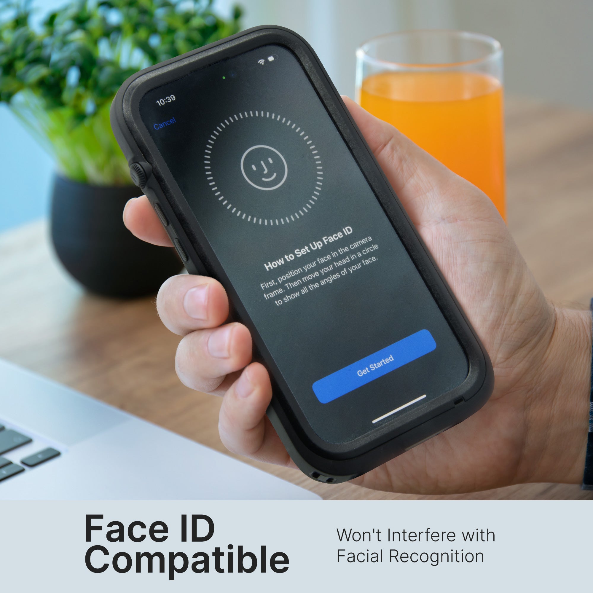 Catalyst Total Protection Case for iPhone 14 series showing the iphone screen face ID text reads face ID compatible won't interfere with facial recognition