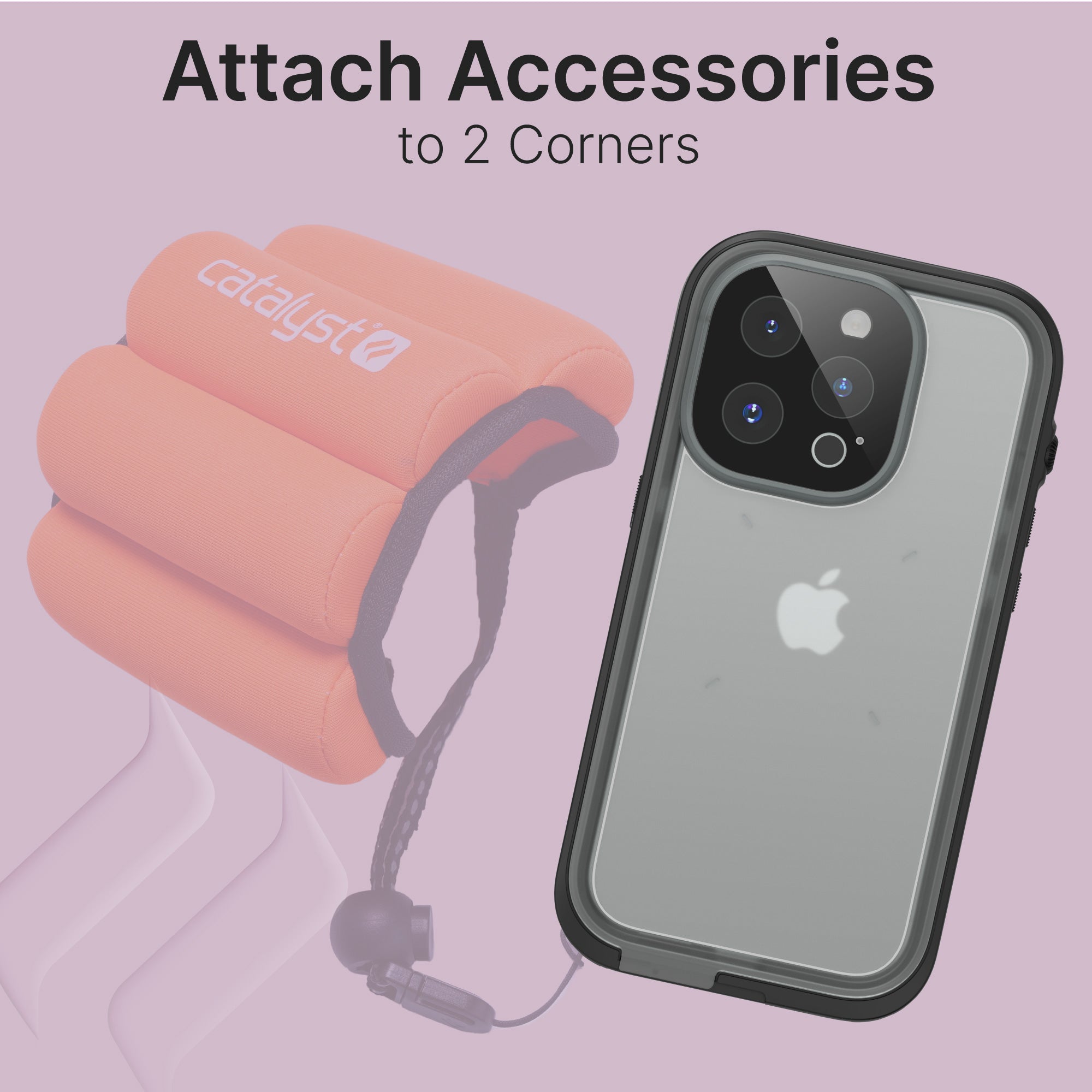 Catalyst iPhone 14 Pro Max Waterproof Case Total Protection with Orange Floating Wrist Lanyard attached to one of the 2 corners of case text reads attach accessories to 2 corners