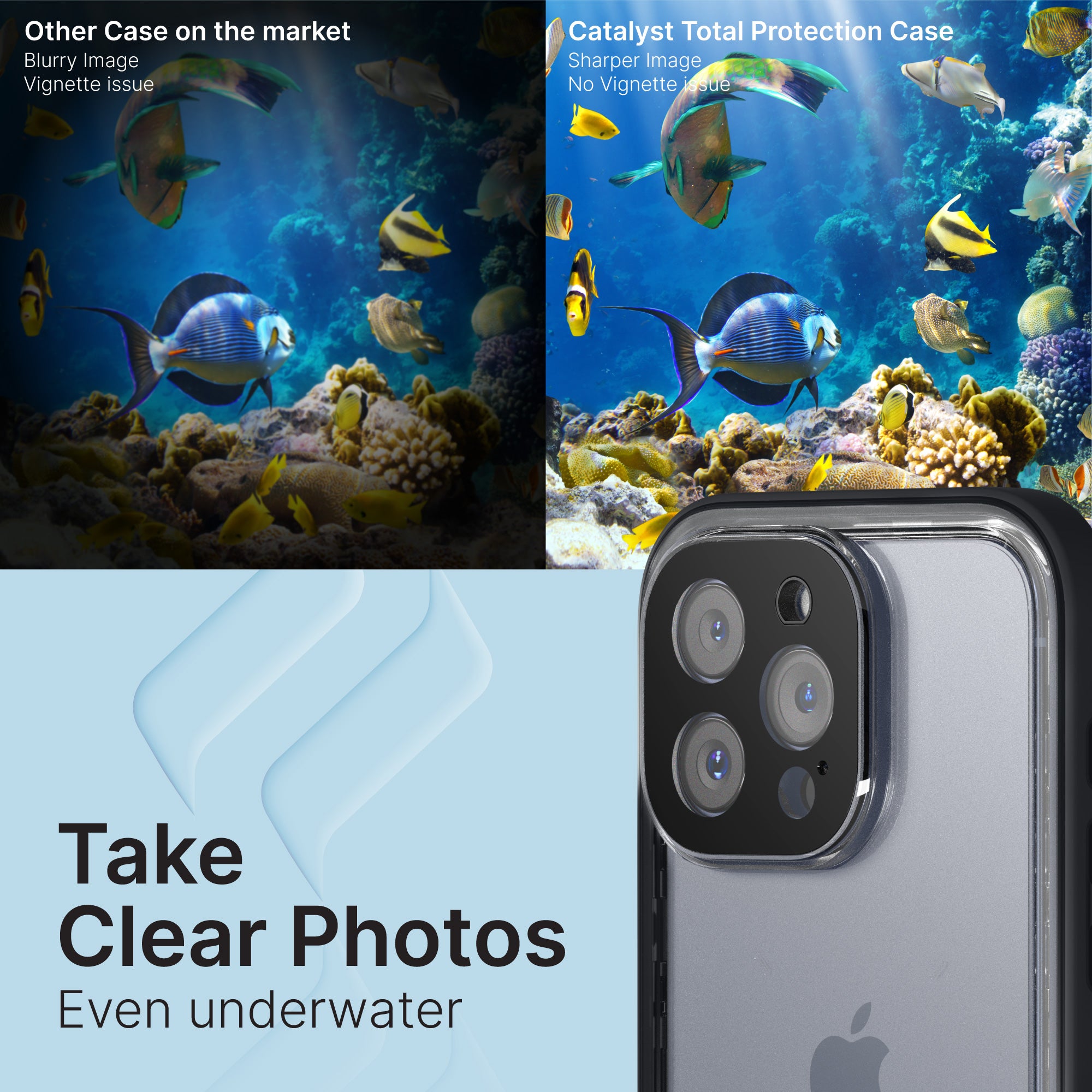 Catalyst Waterproof Case Total Protection for iPhone 14 series take clear photos underwater text reads other case on the market blurry image vignette issue catalyst total protection case sharper image no vignette issue take clear photos even underwater