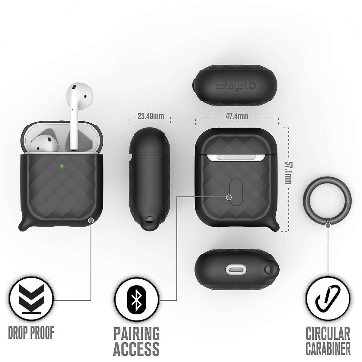 Catalyst airpods gen 2/1 case ring clip carabiner showing different sides of the case and dimension text reads drop proof pairing access circular carabiner