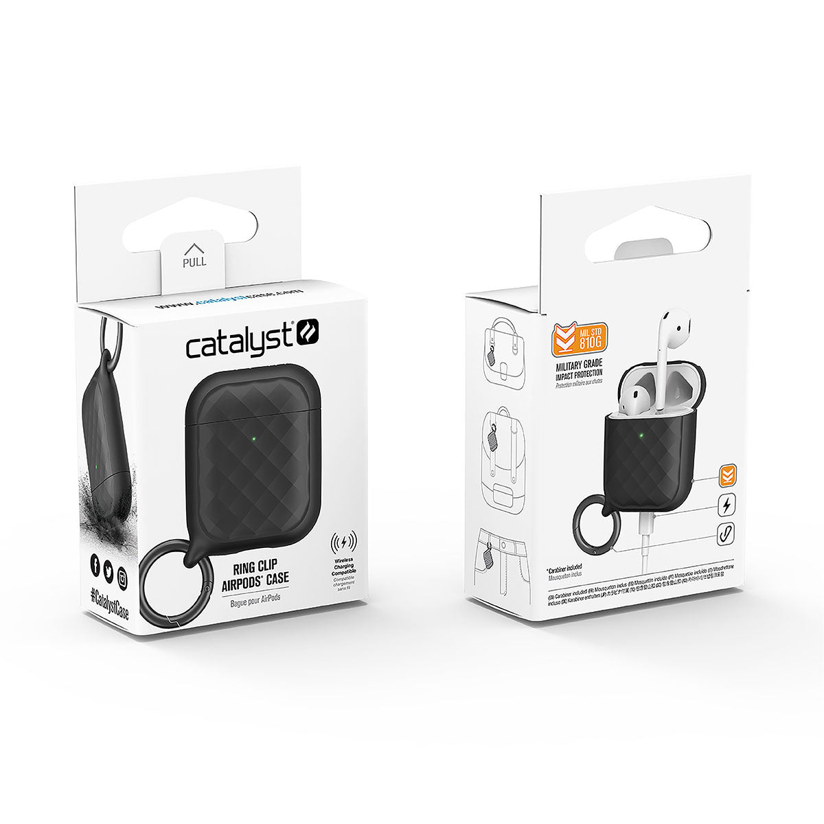 Catalyst airpods gen2/1 case ring clip carabiner showing the front and back of the case