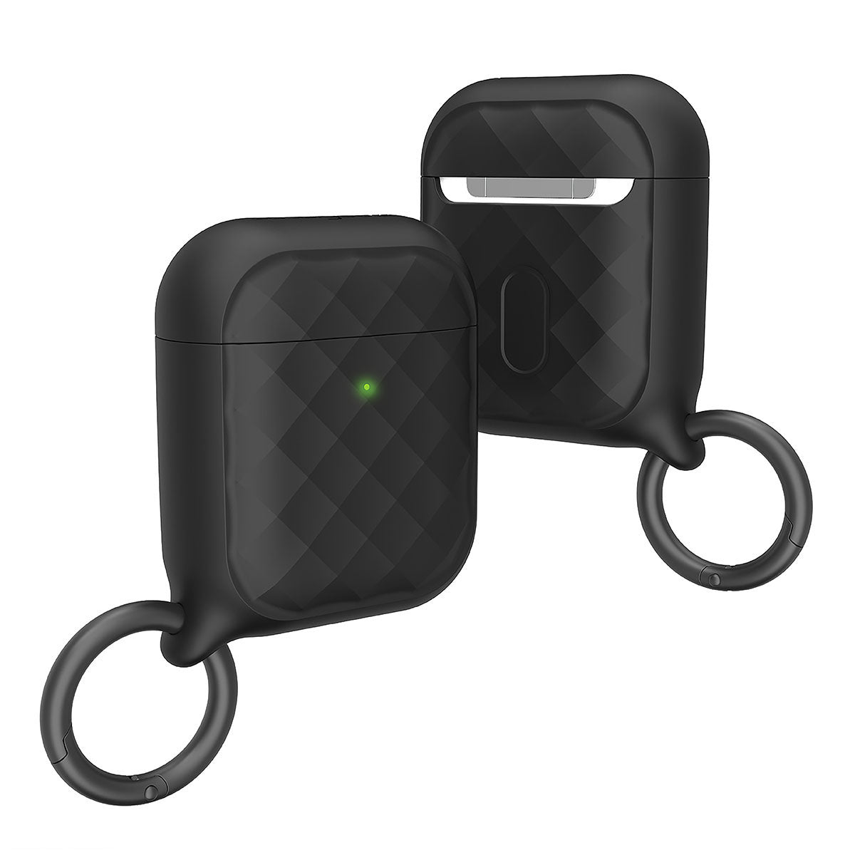 Catalyst airpods gen2/1 case eing clip carabiner showing the front and back of the case with ring clip carabiner attached