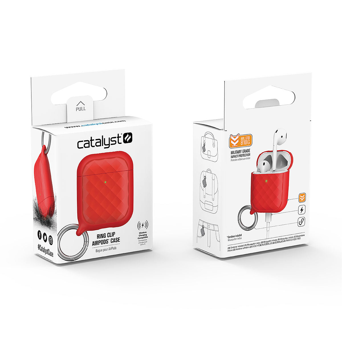 Catalyst airpods gen2/1 case ring clip carabiner showing the front and back of the case