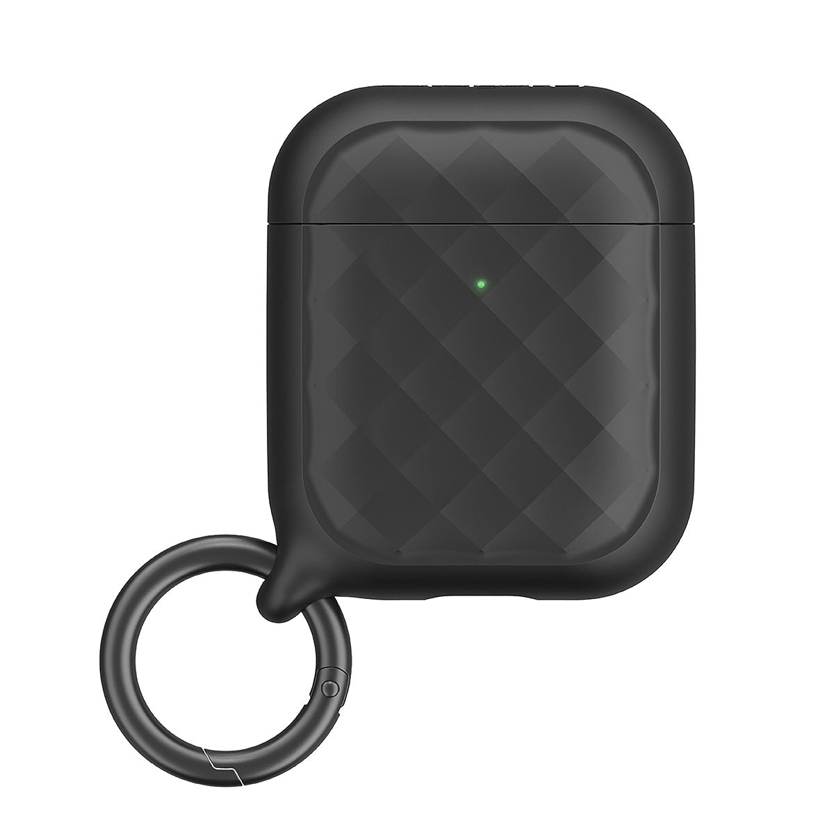 Catalyst airpods gen2/1 case eing clip carabiner showing the side of the case with ring clip carabiner attached