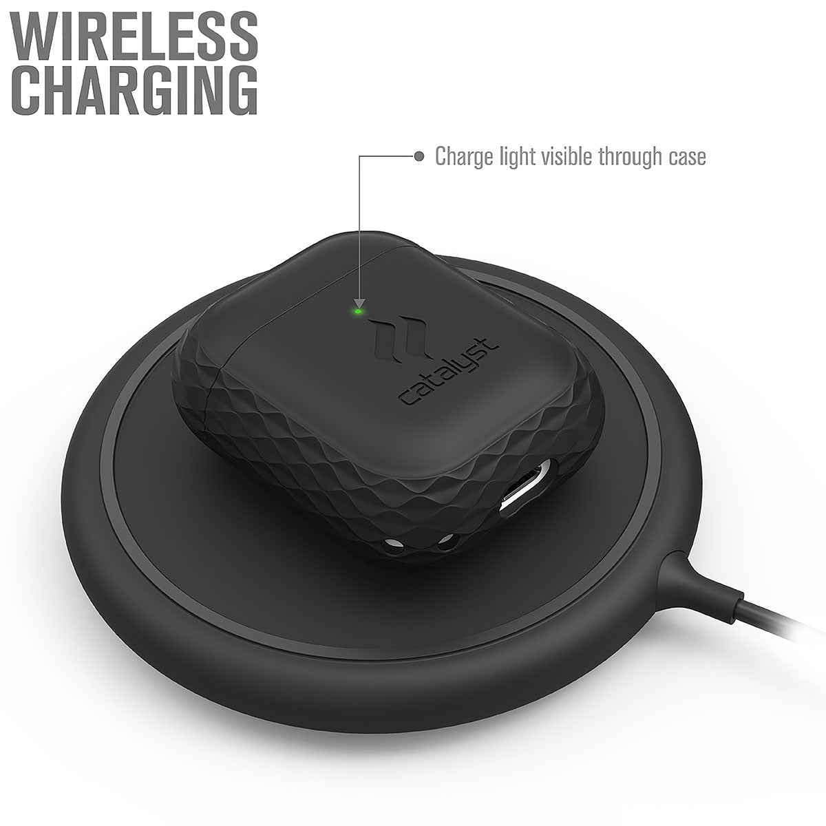 Catalyst airpods gen2/1 case plus lanyard showing the case on the wireless charger text reads wireless charging charge light visible through case