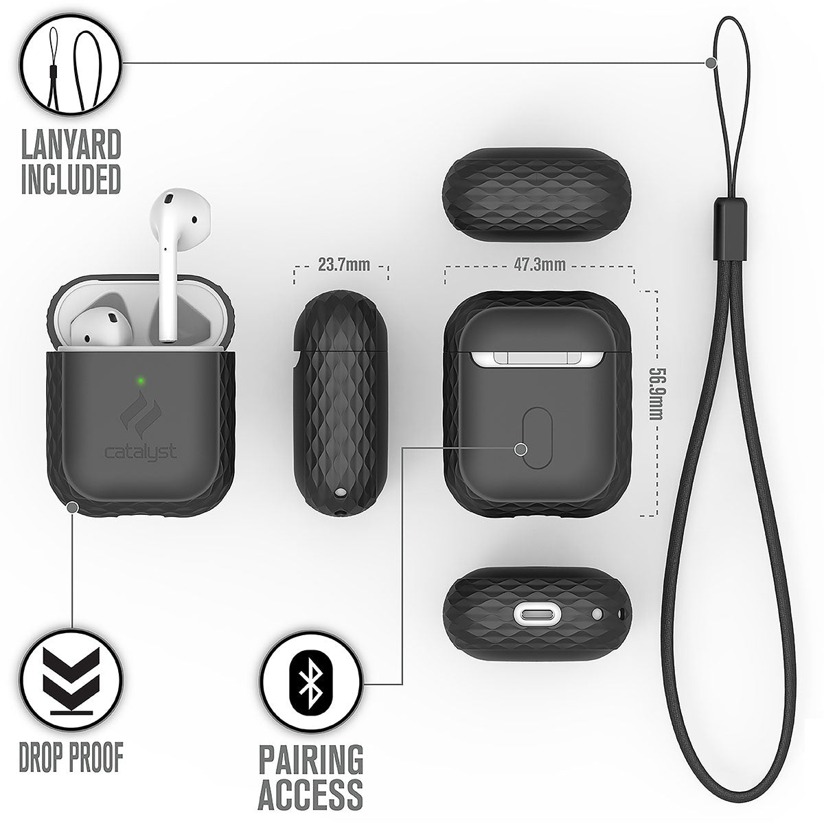 Catalyst airpods gen2/1 case plus lanyard showing the case's different sides and dimension text reads drop proof pairing access lanyard included
