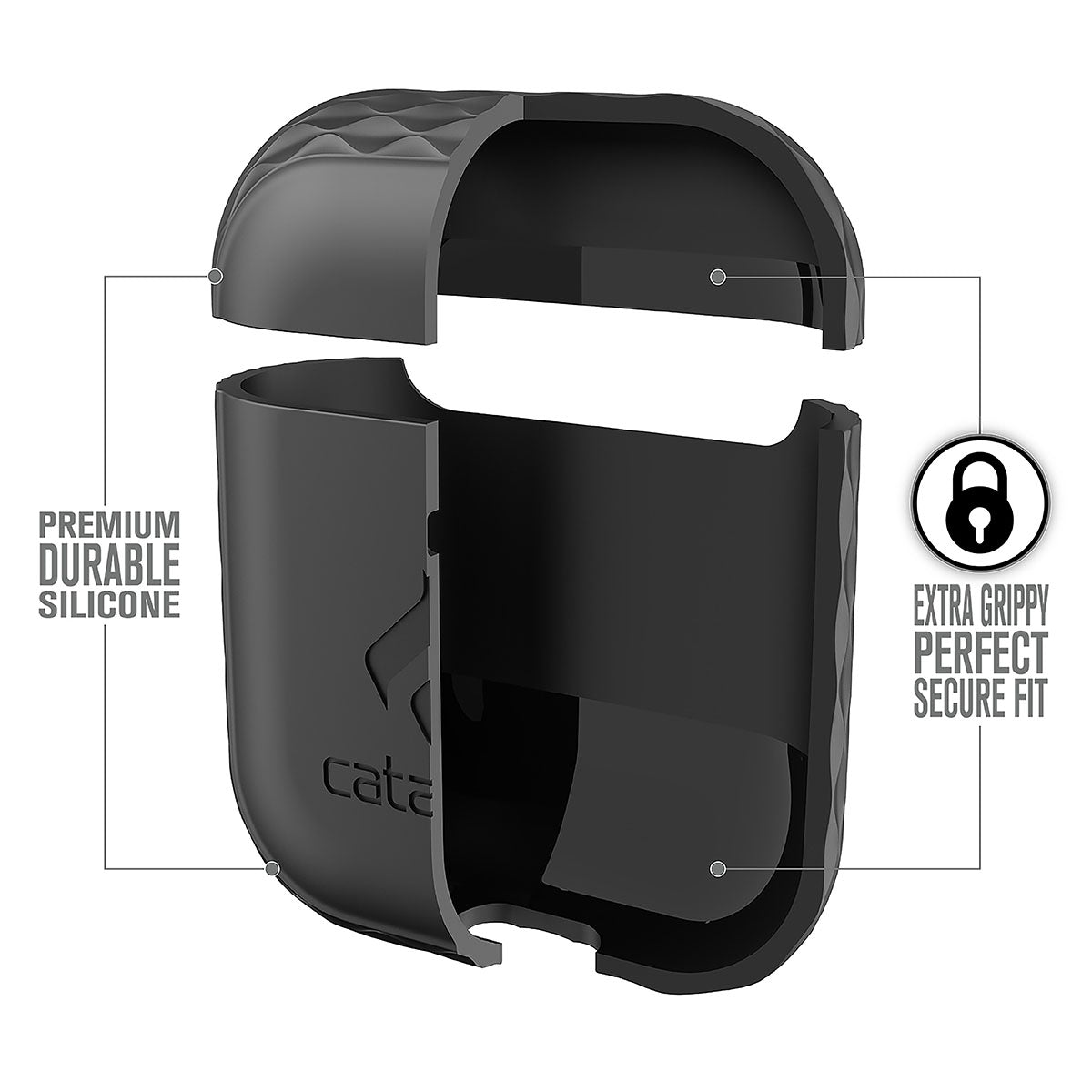 Catalyst airpods gen2/1 case plus lanyard showing the interior of the case text reads premium durable silicone extra grippy perfect secure fit