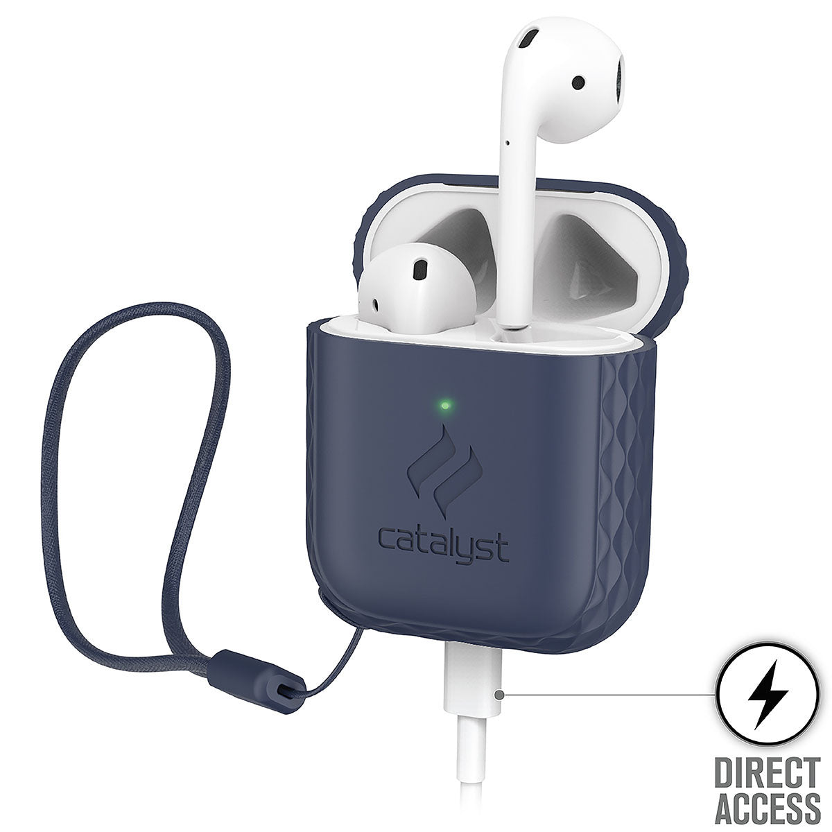 Catalyst airpods gen2/1 case plus lanyard showing the side of the case with lanyard airpods and lightning port inserted text reads direct access