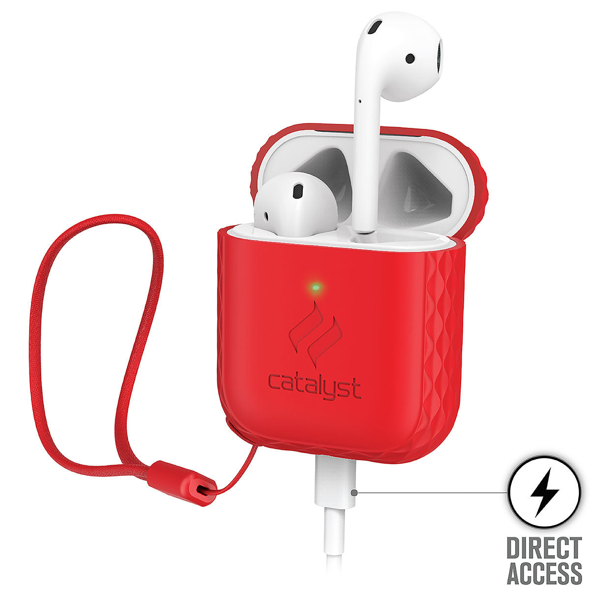 Catalyst airpods gen2/1 case plus lanyard showing the side of the case with lanyard airpods and lightning port inserted text reads direct access