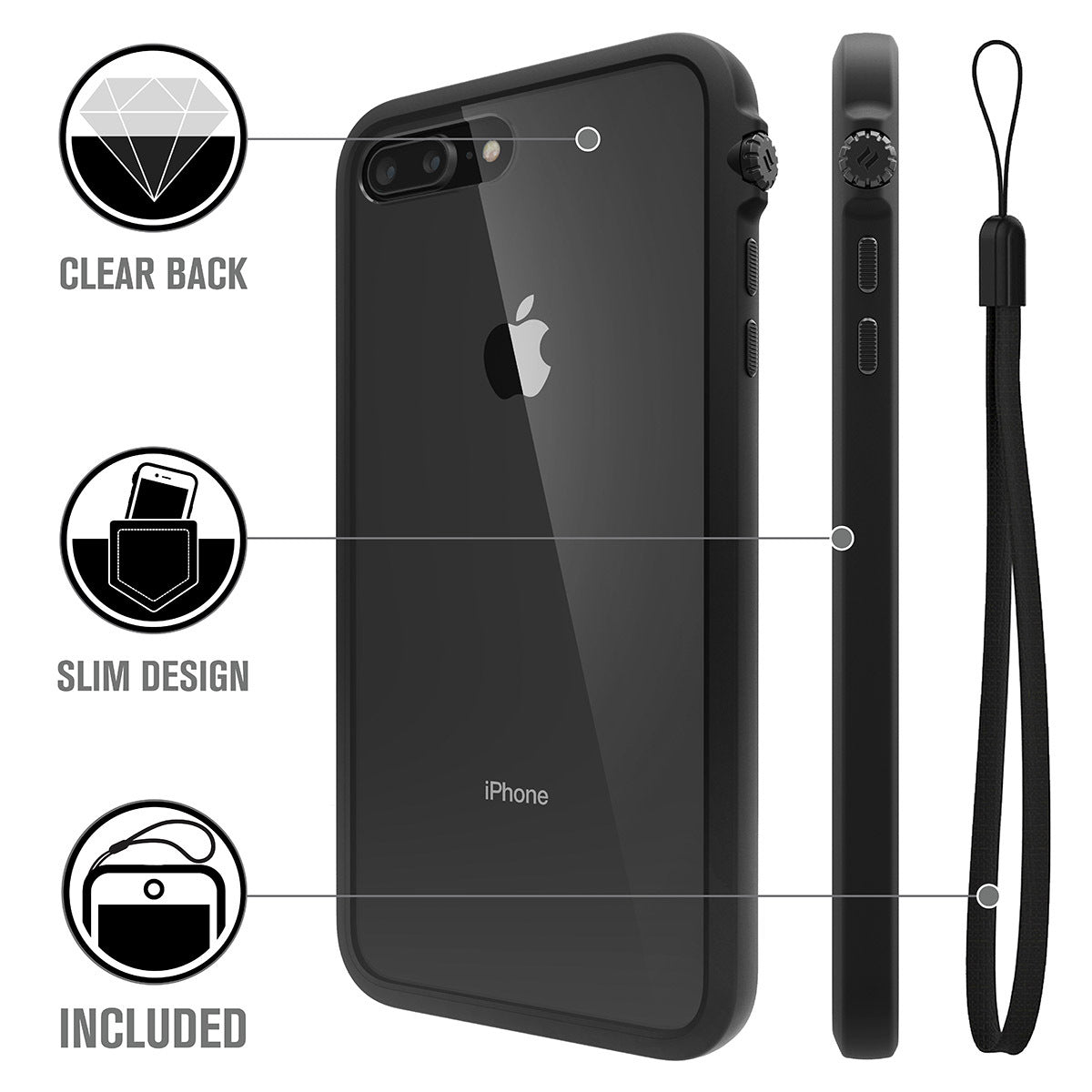 Catalyst Impact Protection Case for iPhone 8 Plus and 7 Plus showing the back and side of the case with lanyard text reads clear back slim design lanyard included