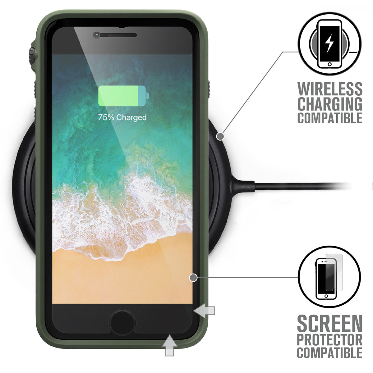 Catalyst Impact Protection Case for iPhone 8 Plus and 7 Plus showing the case on the wireless charger text reads wireless charging compatible screen protector compatible