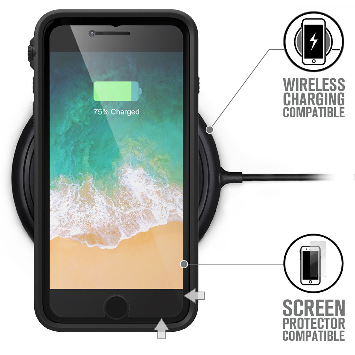 Catalyst Impact Protection Case for iPhone 8 Plus and 7 Plus showing the case on the wireless charger text reads wireless charging compatible screen protector compatible