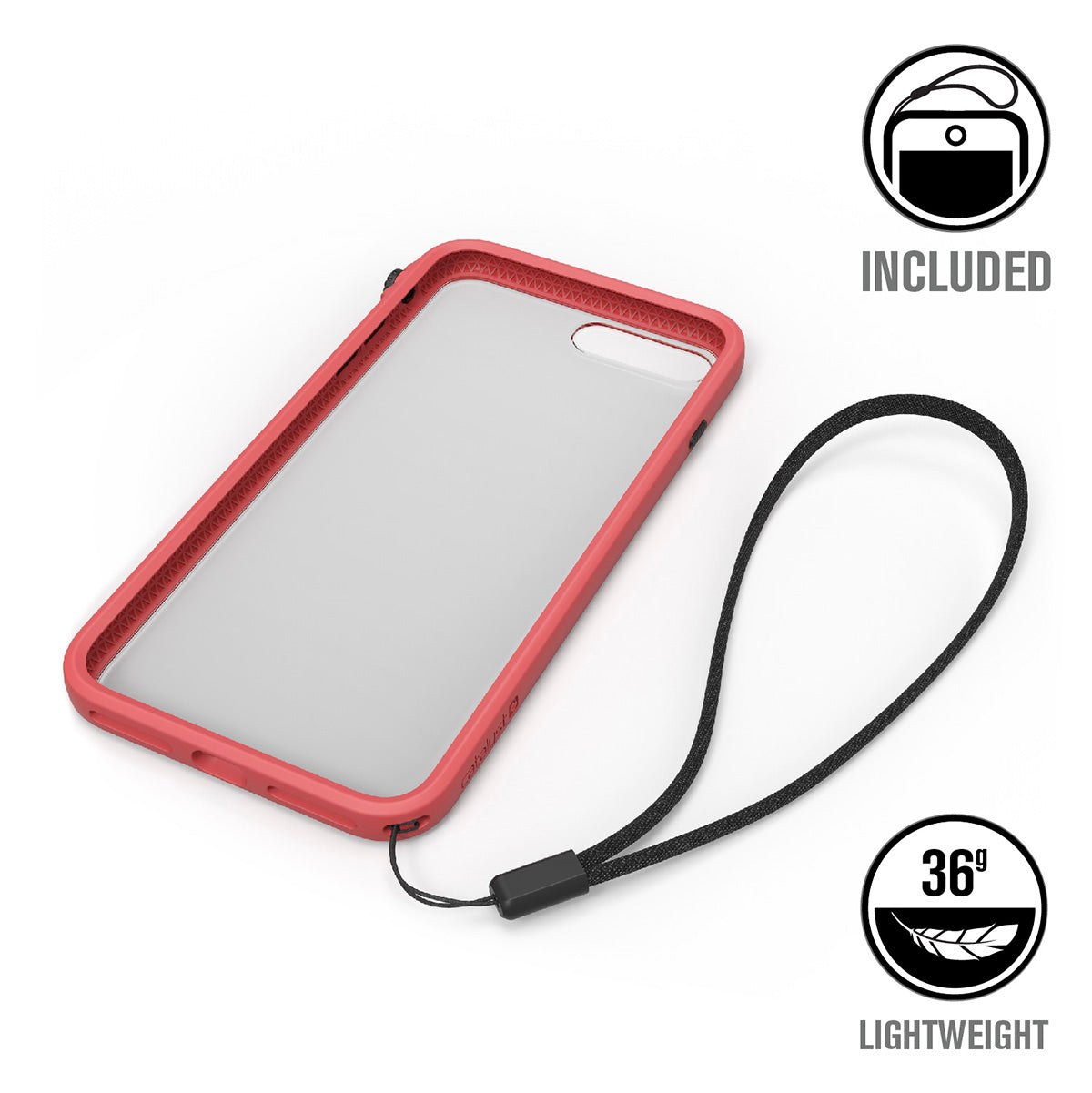 Catalyst Impact Protection Case for iPhone 8 Plus and 7 Plus showing the catalyst case with lanyard attached text reads included 36g lightweight