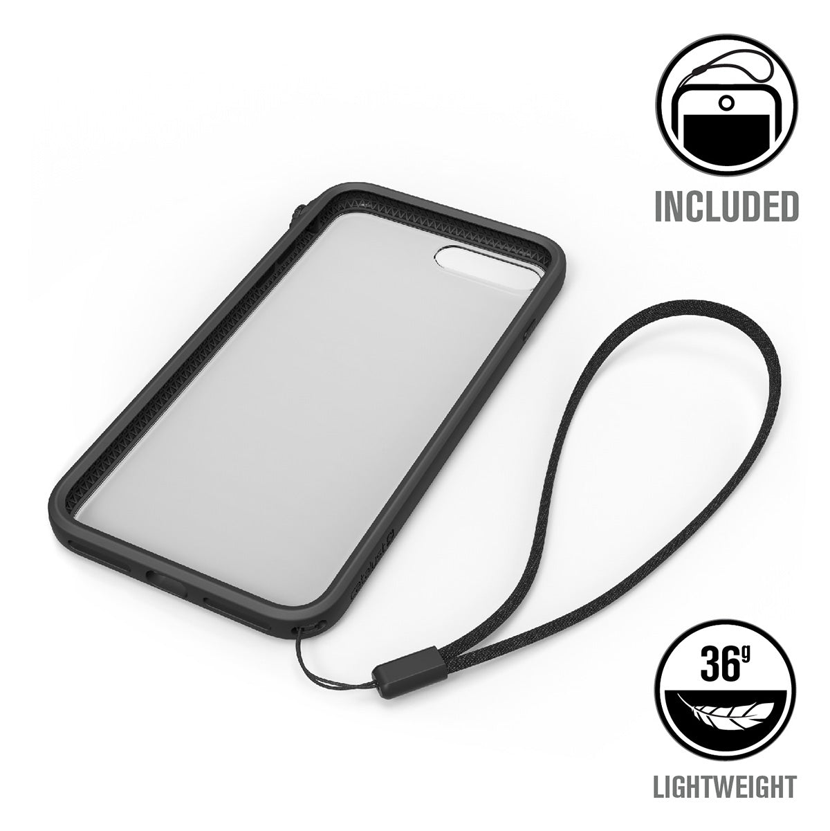 Catalyst Impact Protection Case for iPhone 8 Plus and 7 Plus showing the catalyst case with lanyard attached text reads included 36g lightweight