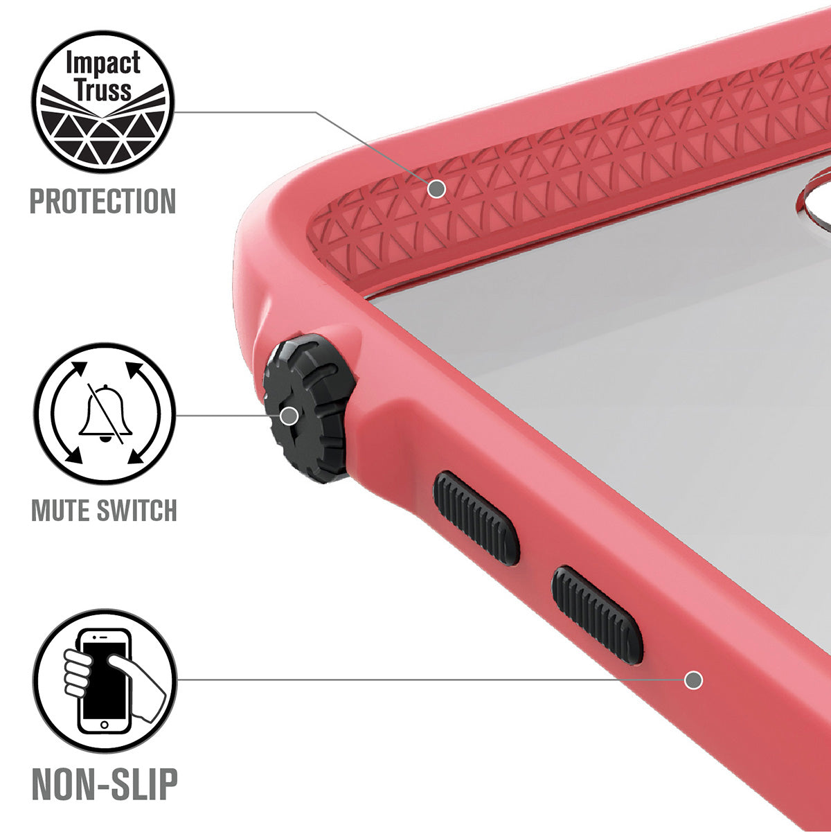 Catalyst Impact Protection Case for iPhone 8 Plus and 7 Plus showing the interior of the case text reads impact truss protection mute switch non slip