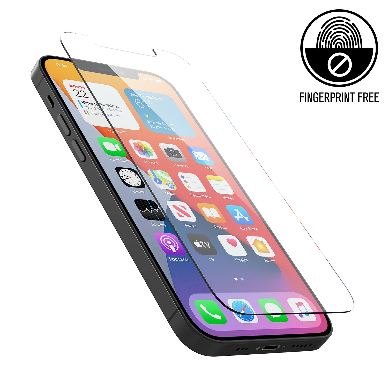 Catalyst Add a Tempered Glass Screen Protector and iphone 12 / 12 Pro text reads fingerprint free
