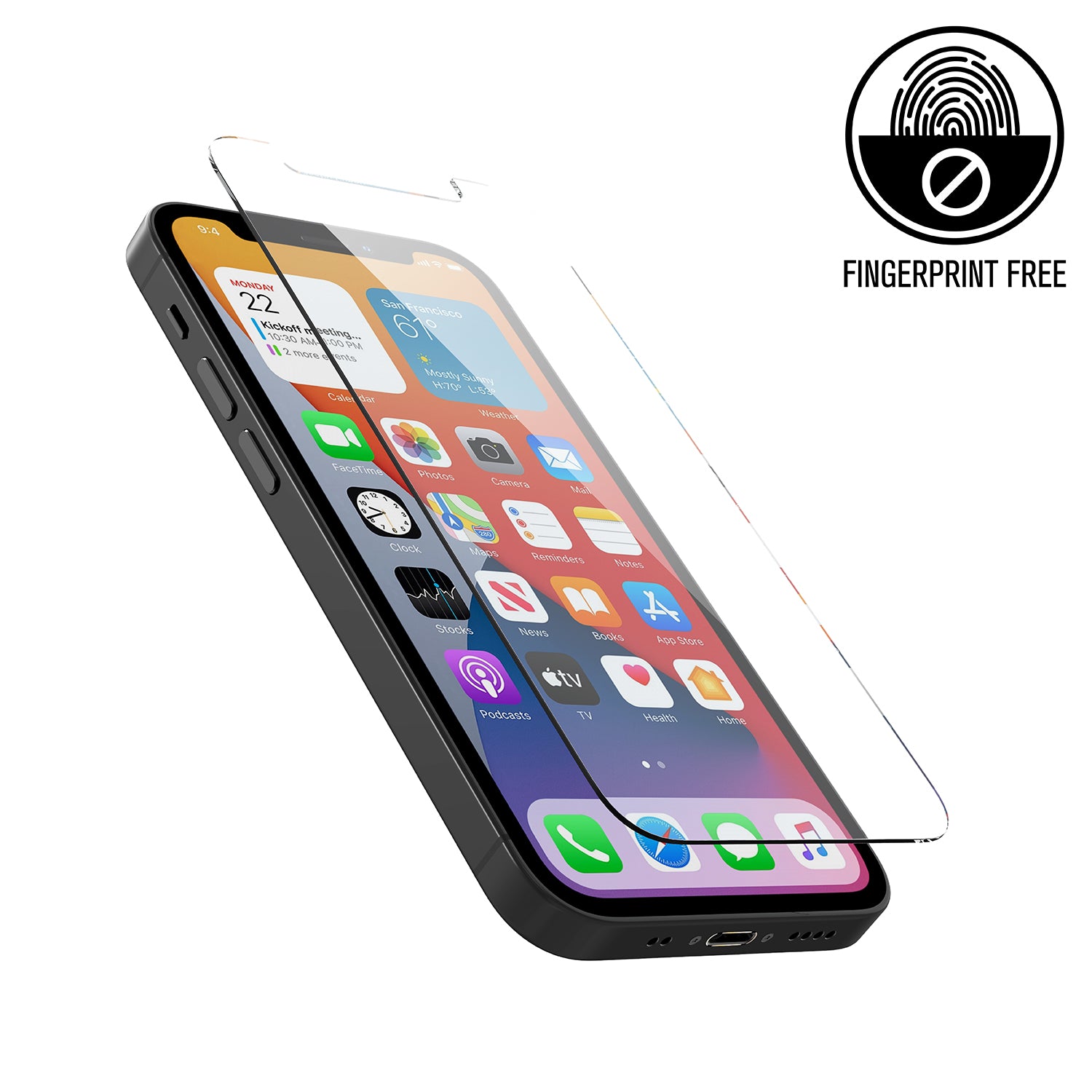 Catalyst Add a Tempered Glass Screen Protector and iphone 12 mini text reads fingerprint free