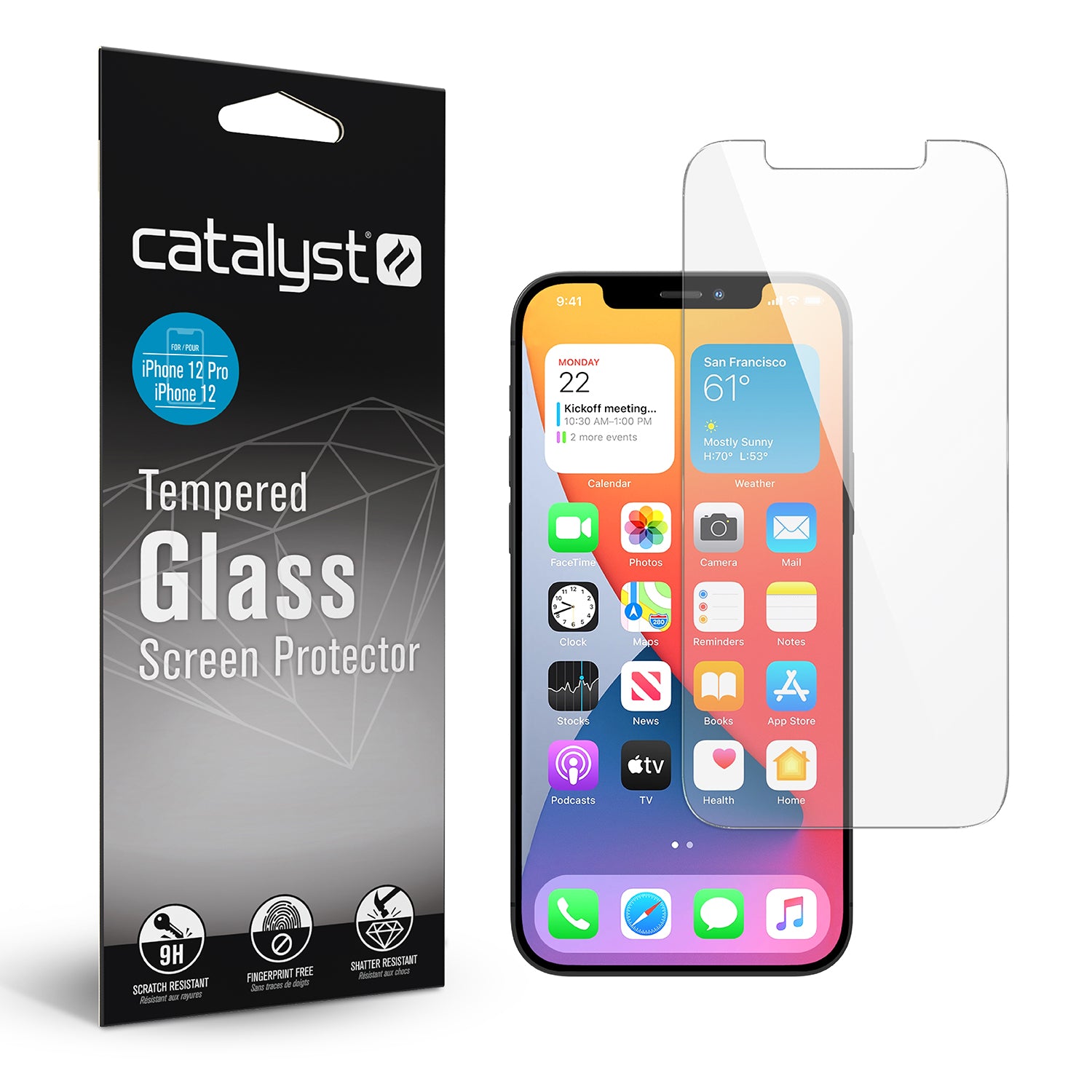 Catalyst Add a Tempered Glass Screen Protector for iPhone 12 and iPhone 12pro with packaging and tempered glass screen protector and iPhone.