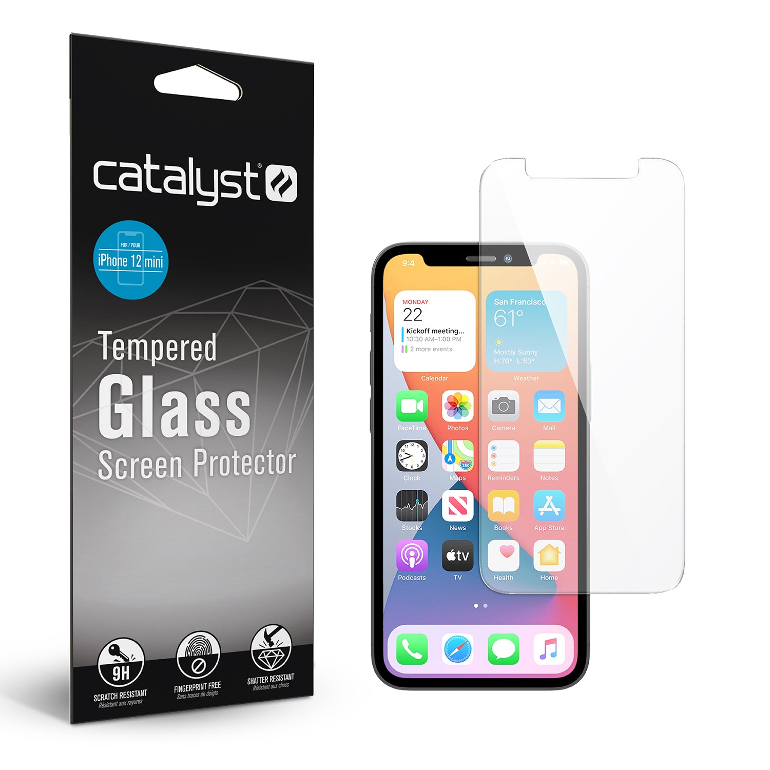 Catalyst Add a Tempered Glass Screen Protector for iPhone 12 mini with packaging and tempered glass screen protector and iPhone.