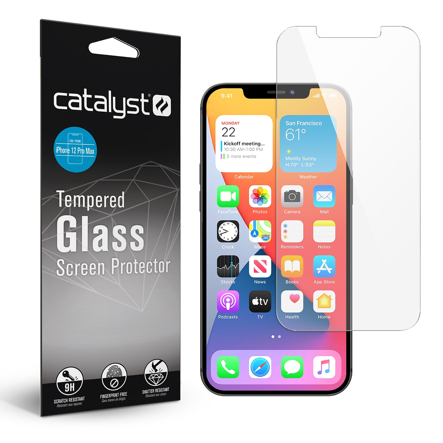 Catalyst Tempered Glass Screen Protector for iphone 12 pro max with packaging and tempered glass screen protector and iPhone.
