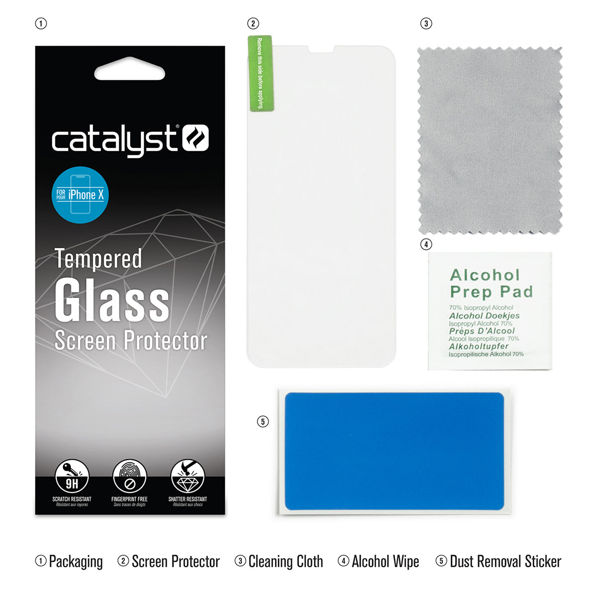 Catalyst Add a Tempered Glass Screen Protector for iphone X XR Xs XsMax inside the box includes packaging screen protector cleaning cloth alcohol wipe dust removal sticker text reads packaging screen protector cleaning cloth alcohol wipe dust removal sticker alcohol prep pad