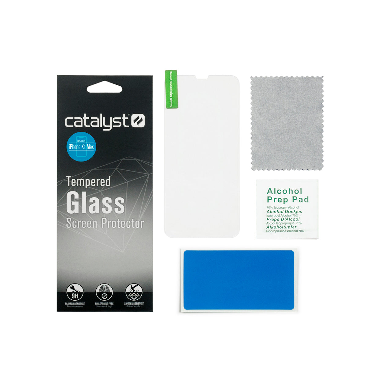 Catalyst Add a Tempered Glass Screen Protector for iphone X XR Xs XsMax inside the box includes packaging screen protector cleaning cloth alcohol wipe dust removal sticker