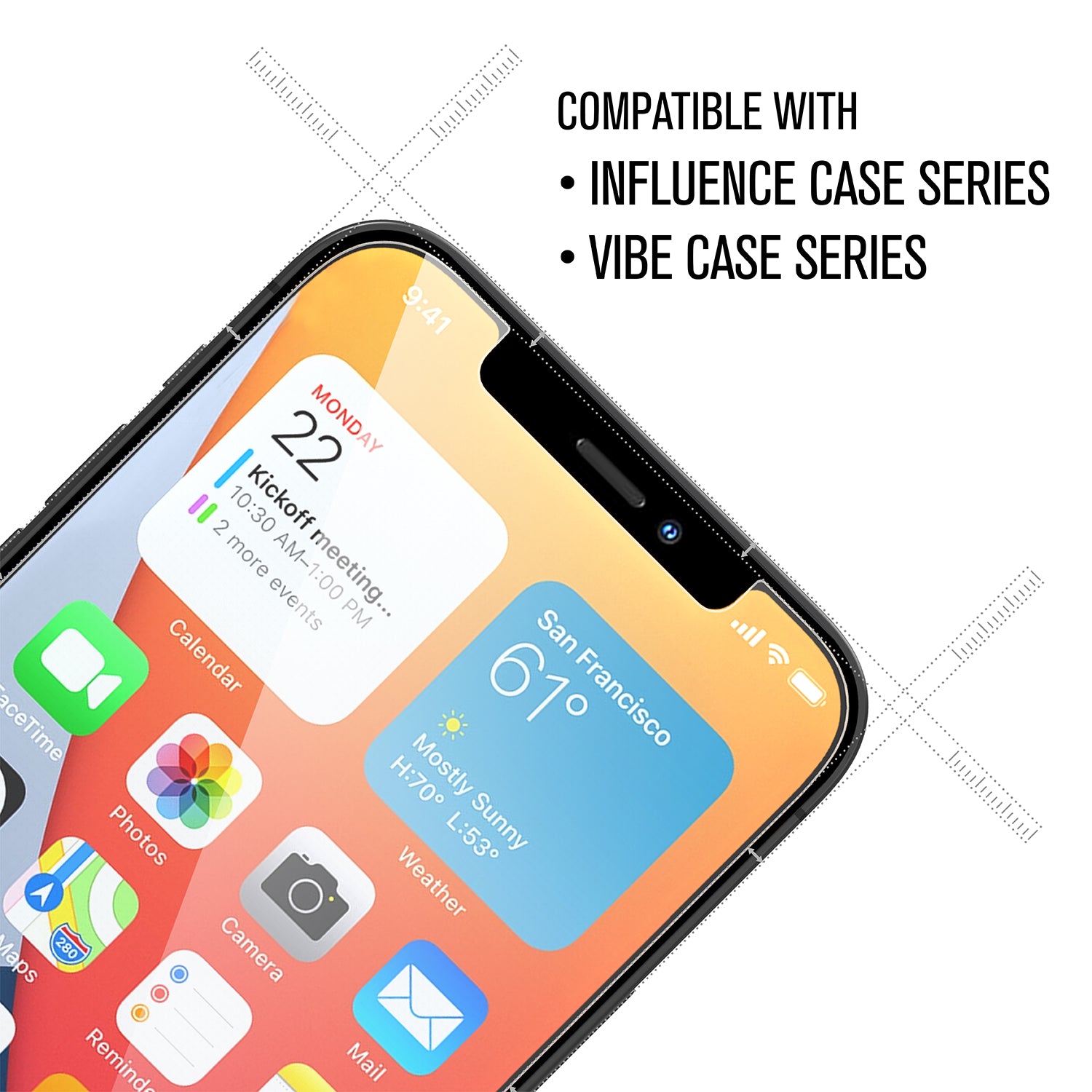 Catalyst Add a Tempered Glass Screen Protector on iphone text reads compatible with influence case series and vibe case series