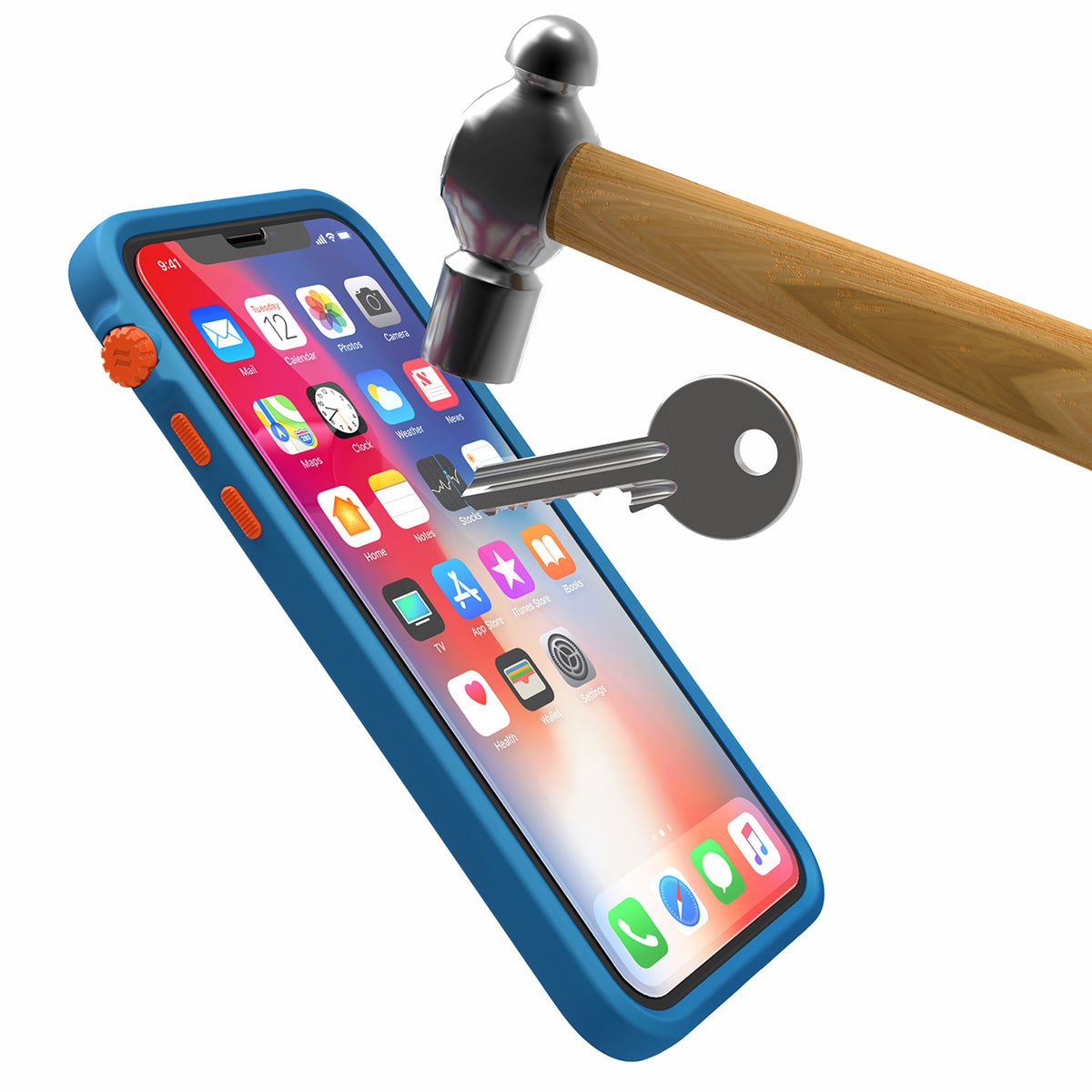 Catalyst Add a Tempered Glass Screen Protector on iphone and catalyst influence case with hammer and key.