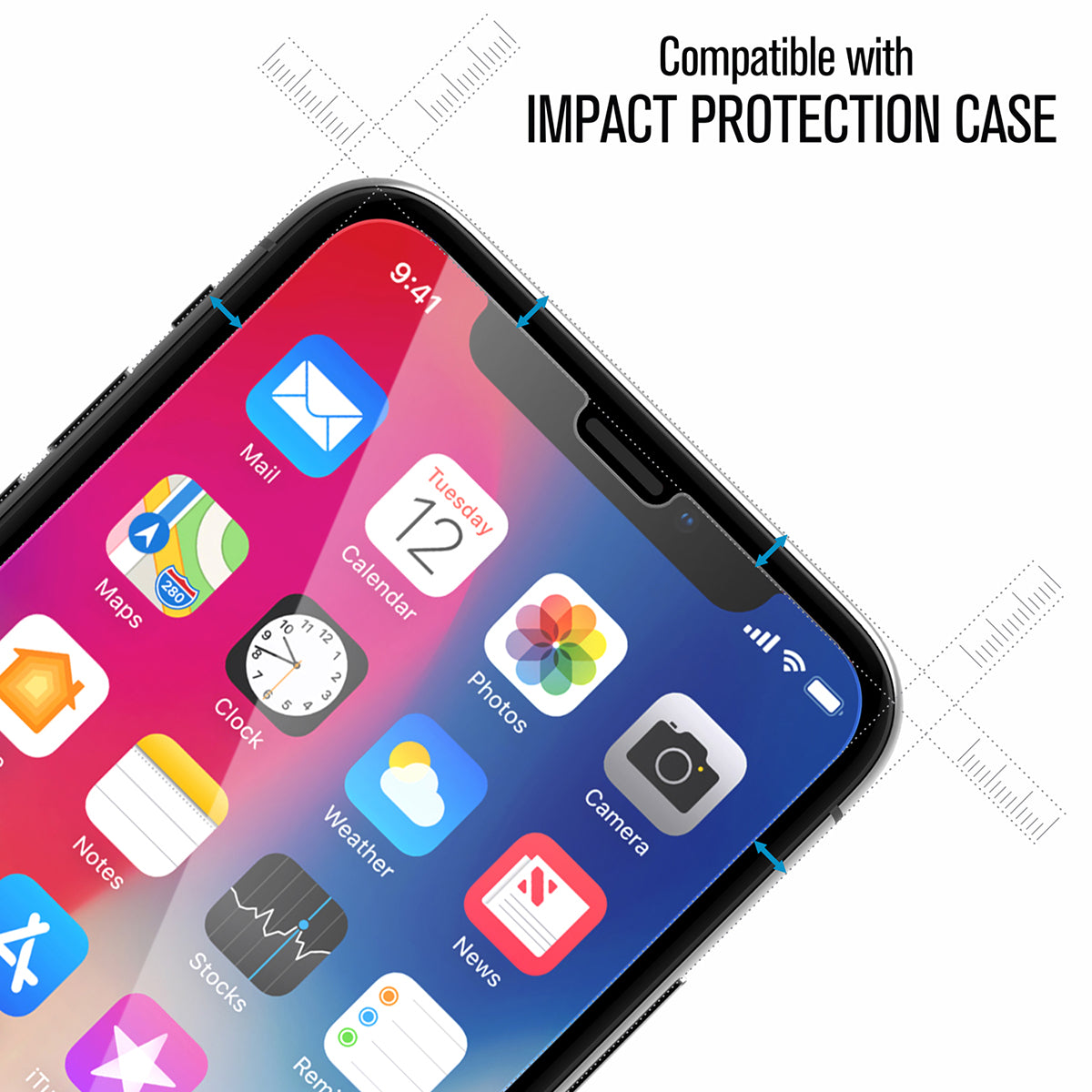 Catalyst Add a Tempered Glass Screen Protector on iphone text reads compatible with impact protection case