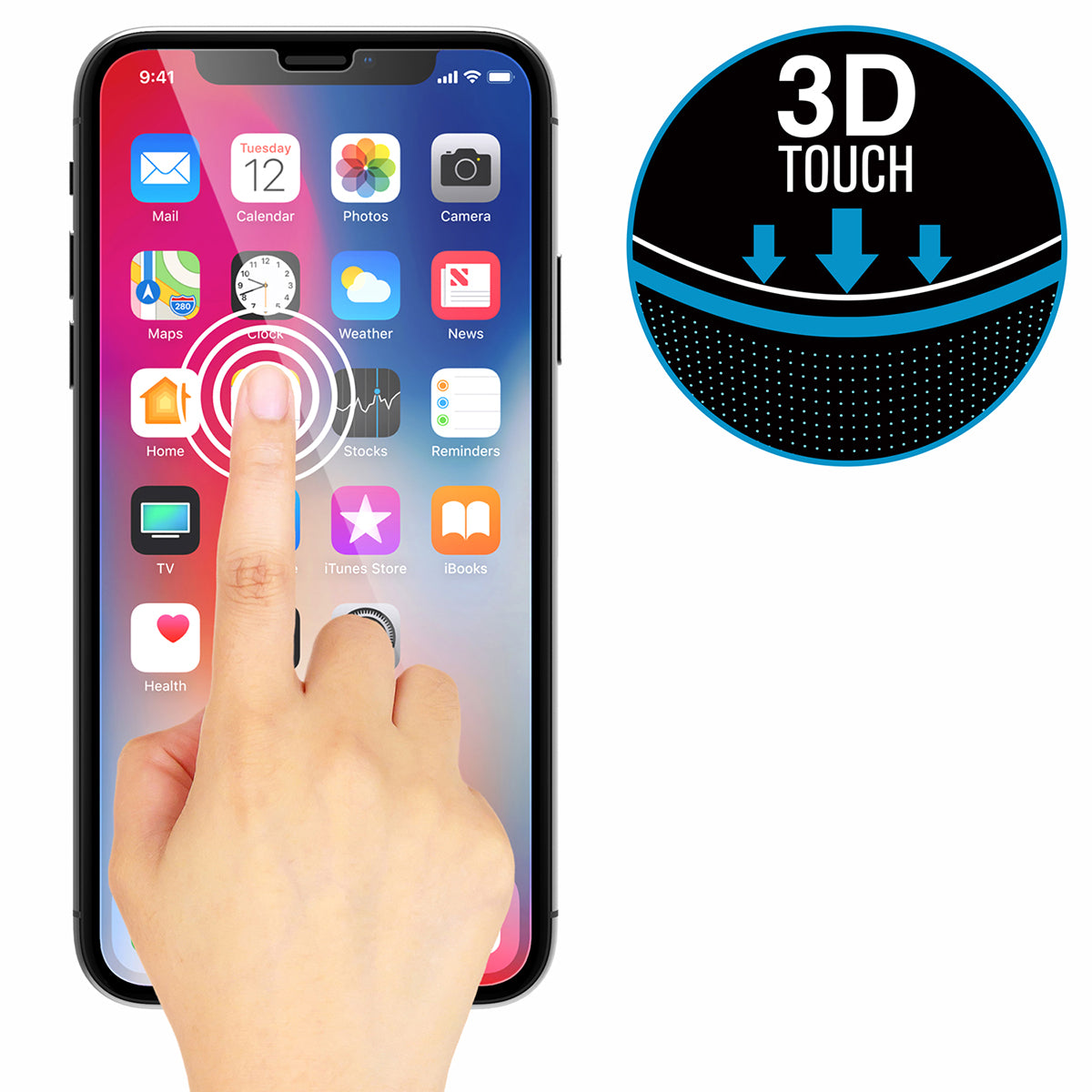 Catalyst Add a Tempered Glass Screen Protector on iphone showing finger touch text reads 3D Touch