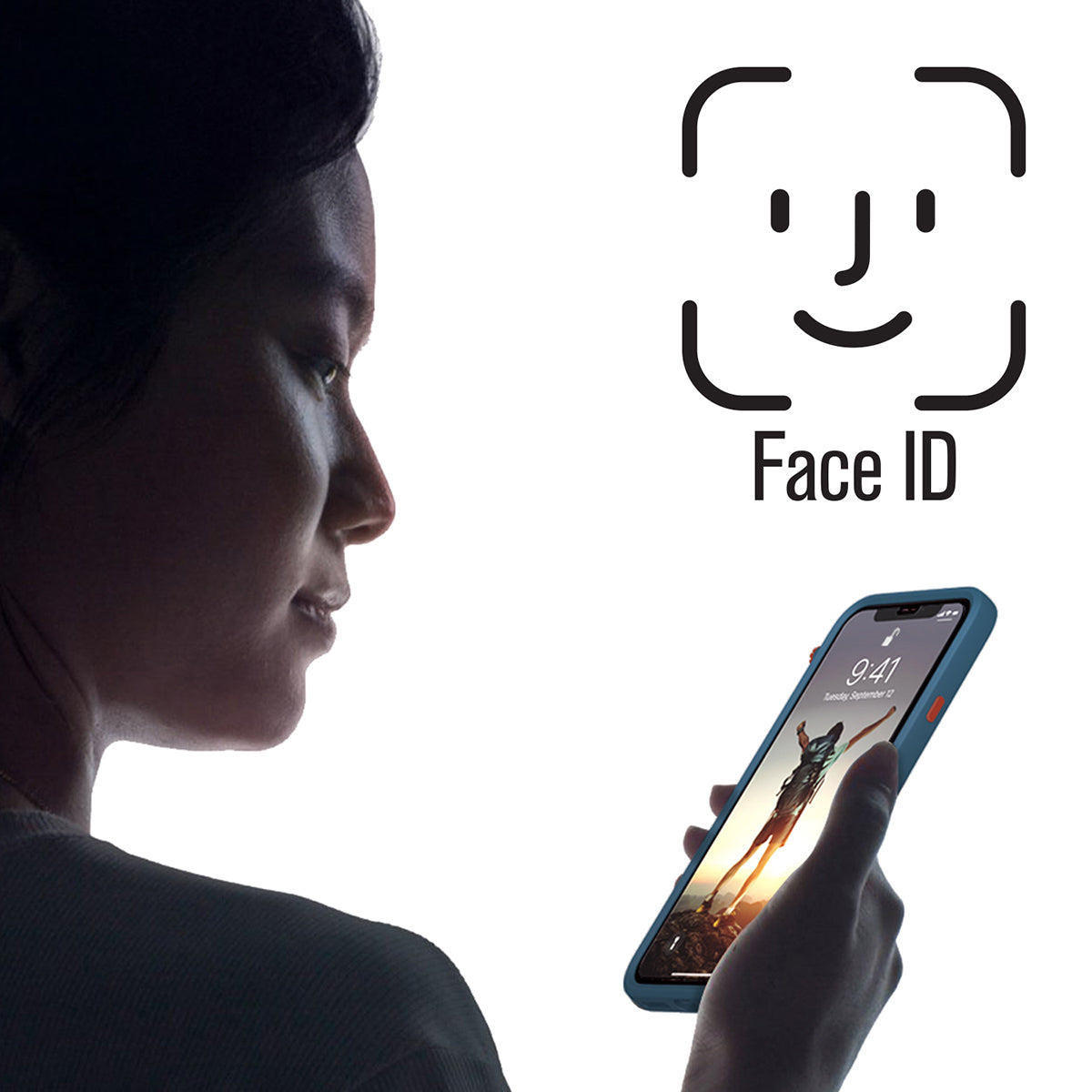 Catalyst Add a Tempered Glass Screen Protector on iphone woman using iphone text reads face id