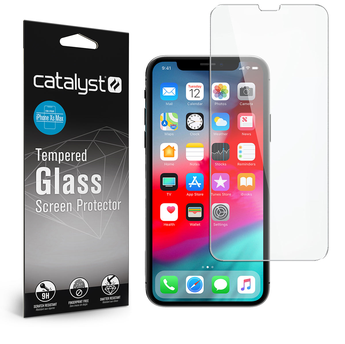 Catalyst Add a Tempered Glass Screen Protector with packaging and tempered glass screen protector and iPhone.