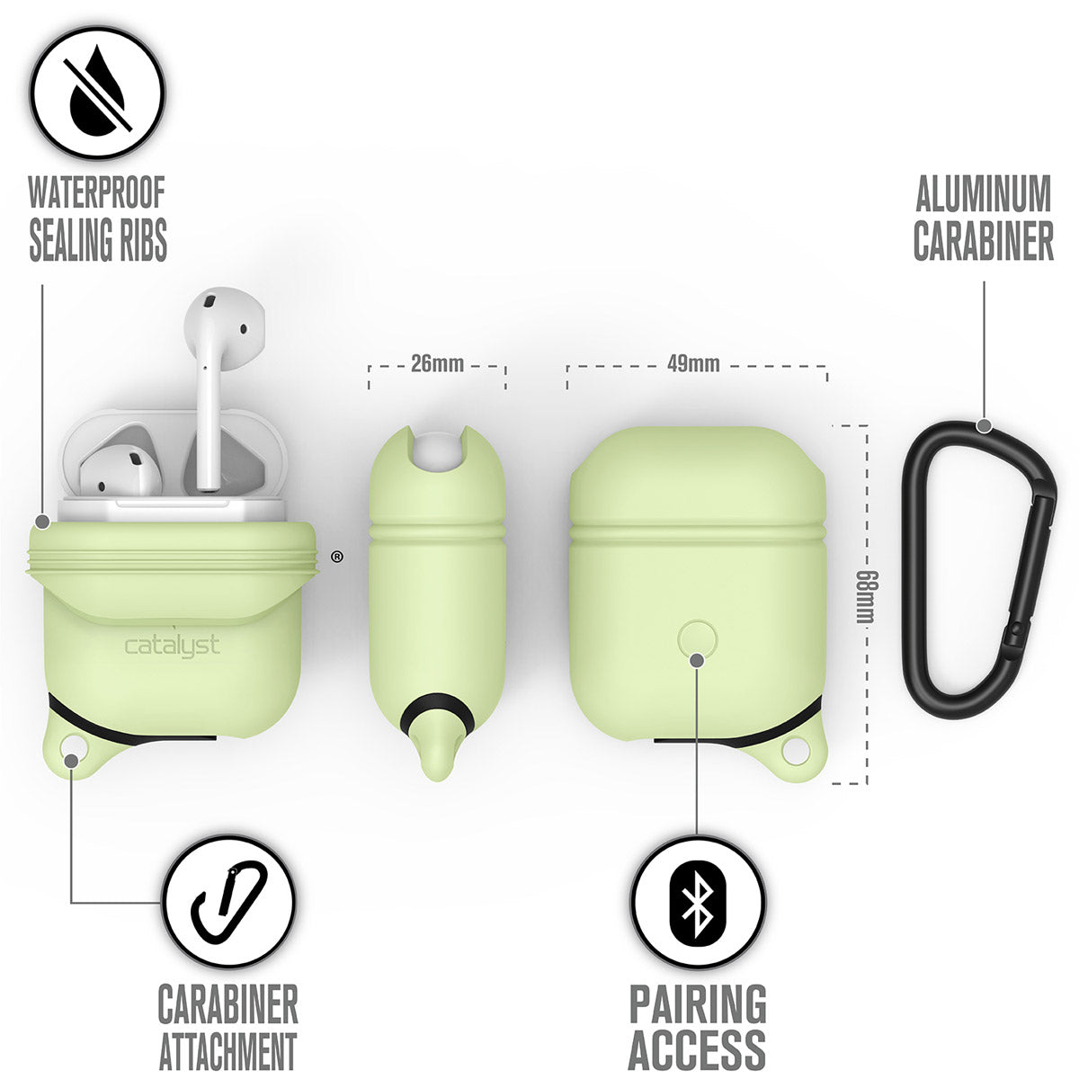 Catalyst airpods gen2/1 waterproof case + carabiner showing the case dimension and features in glow in the dark text reads waterproof sealing ribs aluminum carabiner pairing access carabiner attachment