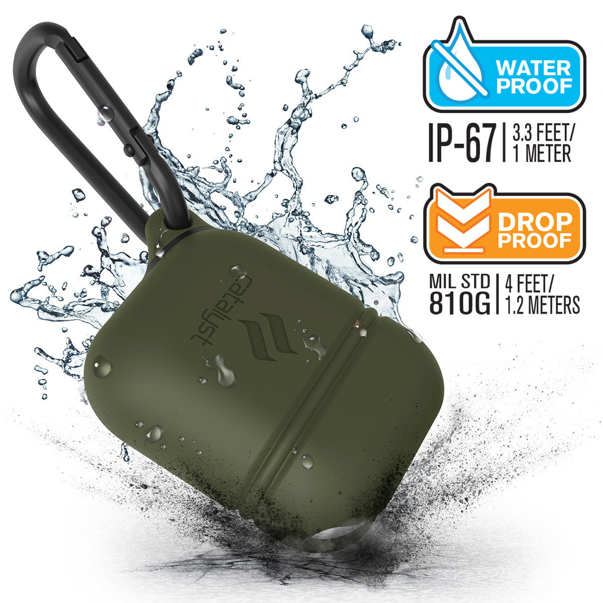 Catalyst airpods gen2/1 waterproof case + carabiner showing the case drop proof and water proof features with attached carabiner in army green text reads water proof IP-67 3.3 FEET/1 METER DROP PROOF MIL STD 810G 1.2 METERS
