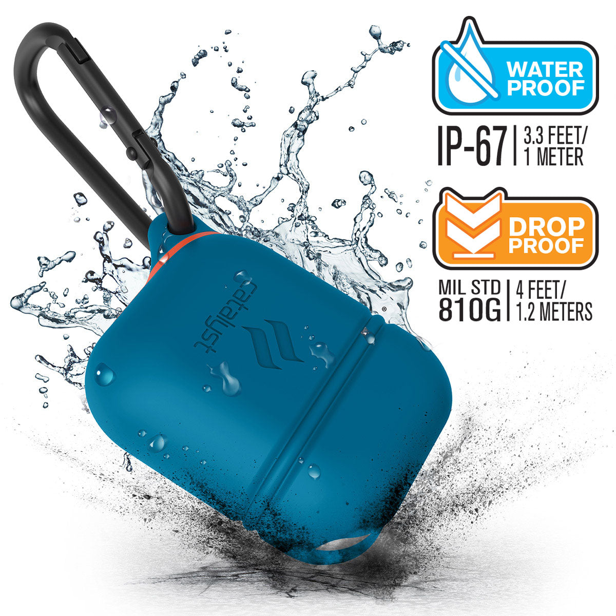 Catalyst airpods gen2/1 waterproof case + carabiner showing the case drop proof and water proof features with attached carabiner in blueridge-sunset text reads water proof IP-67 3.3 FEET/1 METER DROP PROOF MIL STD 810G 1.2 METERS