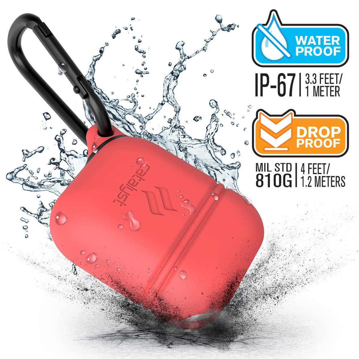 Catalyst airpods gen2/1 waterproof case + carabiner showing the case drop proof and water proof features with attached carabiner in coral text reads water proof IP-67 3.3 FEET/1 METER DROP PROOF MIL STD 810G 1.2 METERS
