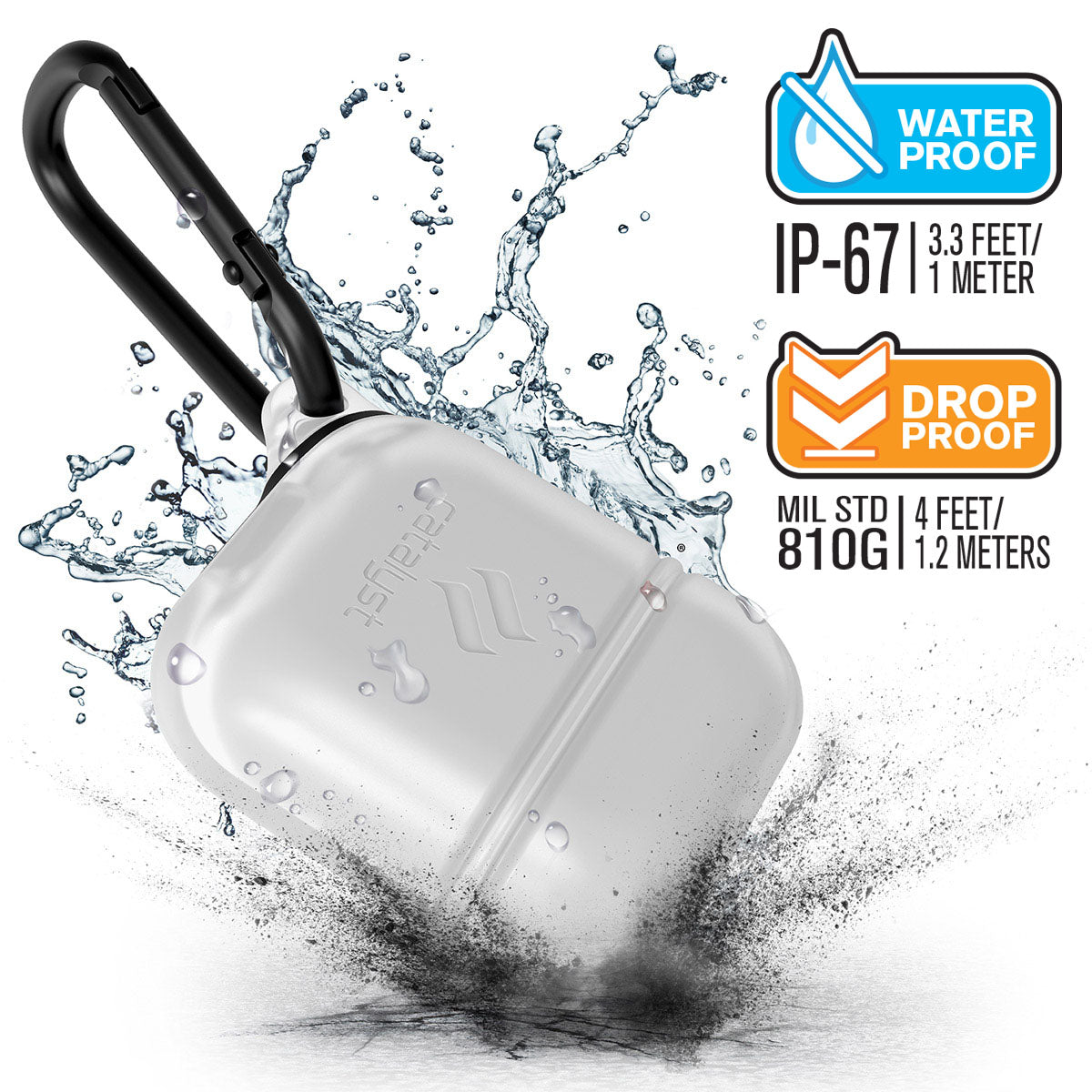 Catalyst airpods gen2/1 waterproof case + carabiner showing the case drop proof and water proof features with attached carabiner in frost white text reads water proof IP-67 3.3 FEET/1 METER DROP PROOF MIL STD 810G 1.2 METERS