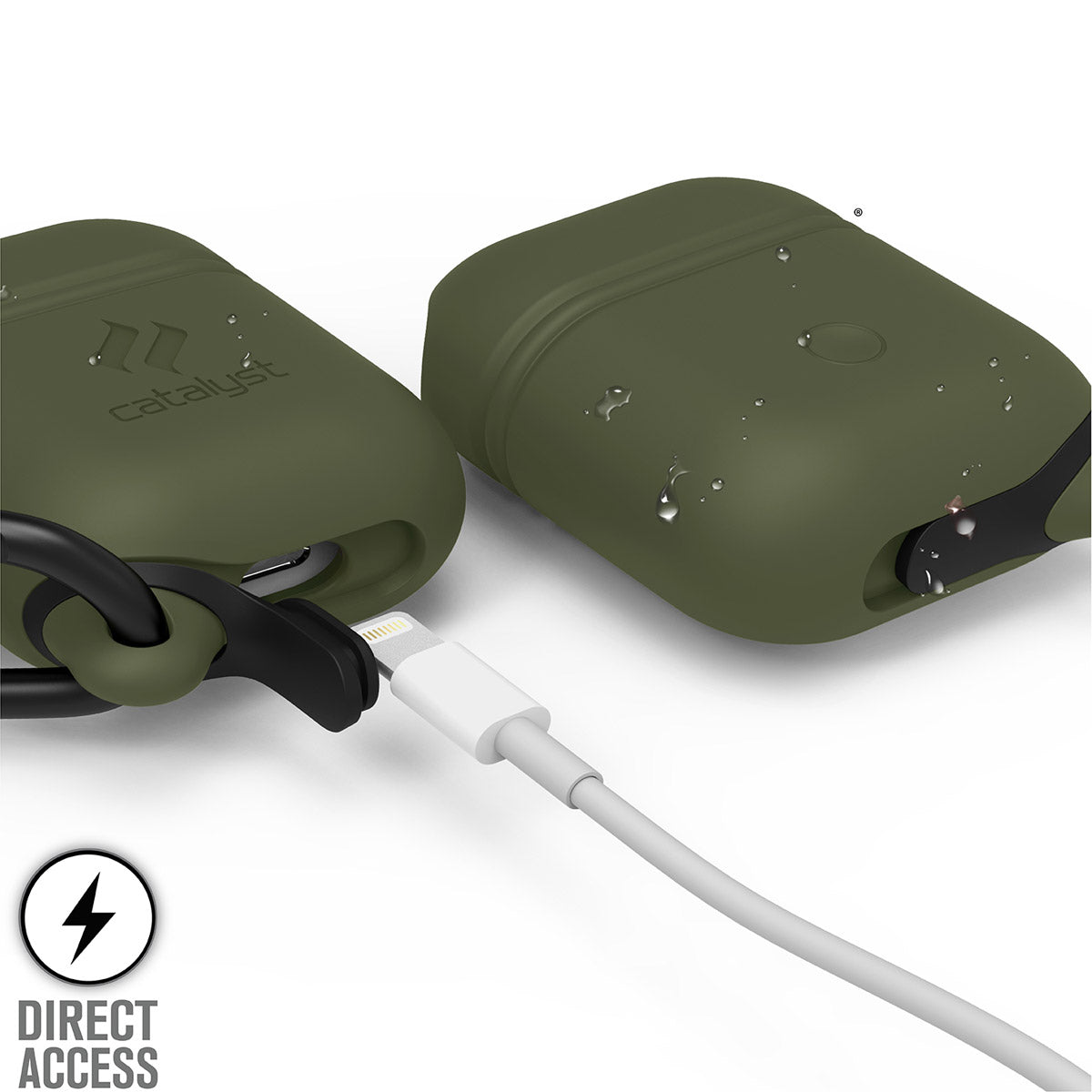 Catalyst airpods gen2/1 waterproof case + carabiner showing the front and back with lightning port in army green text reads direct access