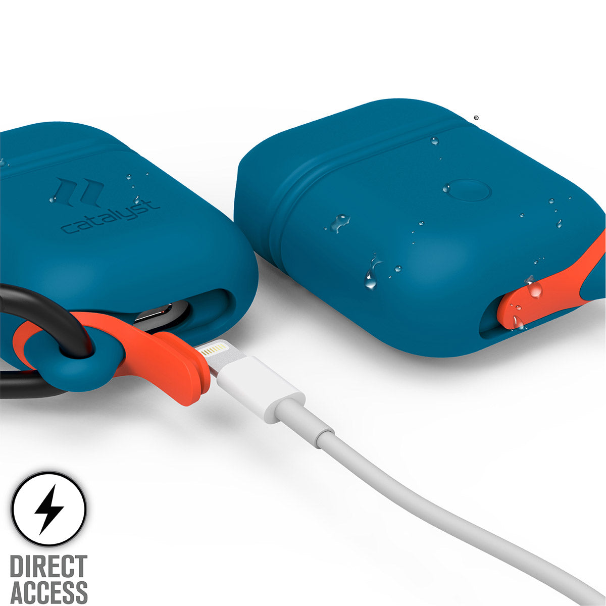 Catalyst airpods gen2/1 waterproof case + carabiner showing the front and back with lightning port in blueridge sunset text reads direct access