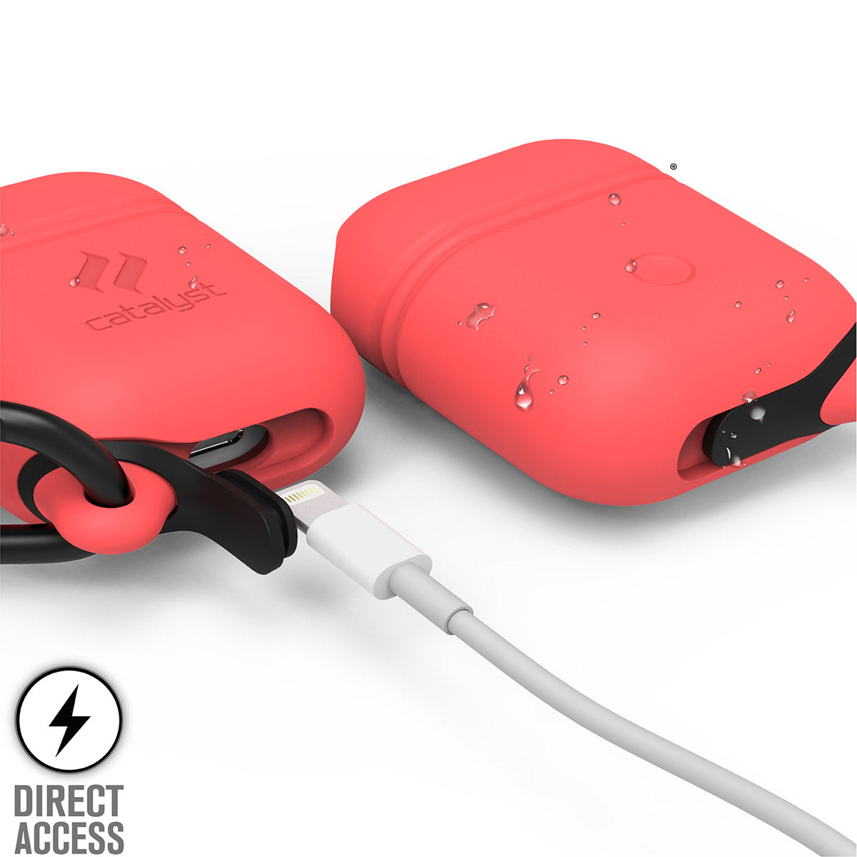 CATAPDCOR | Catalyst airpods gen2/1 waterproof case + carabiner showing the front and back with lightning port in coral text reads direct access