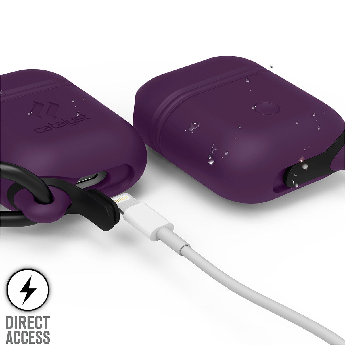 CATAPDPPL | Catalyst airpods gen2/1 waterproof case + carabiner showing the front and back with lightning port in deep plum text reads direct access